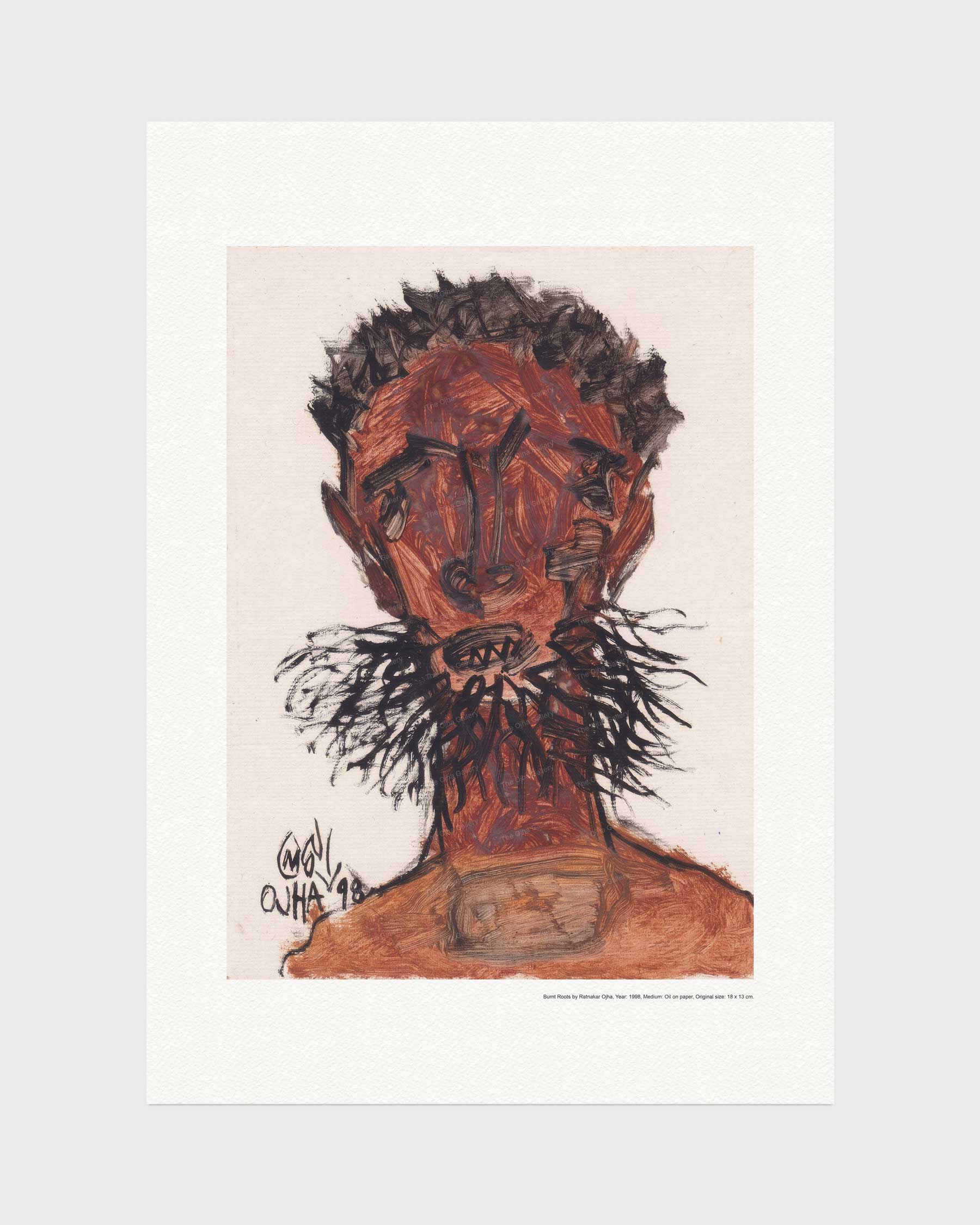 Burnt Roots fine art print by Ratnakar Ojha featuring an expressive, textured portrait of a man with dark hair and a black mustache, rendered in earthy brown and orange tones on a cream background, surrounded by a wide white border.