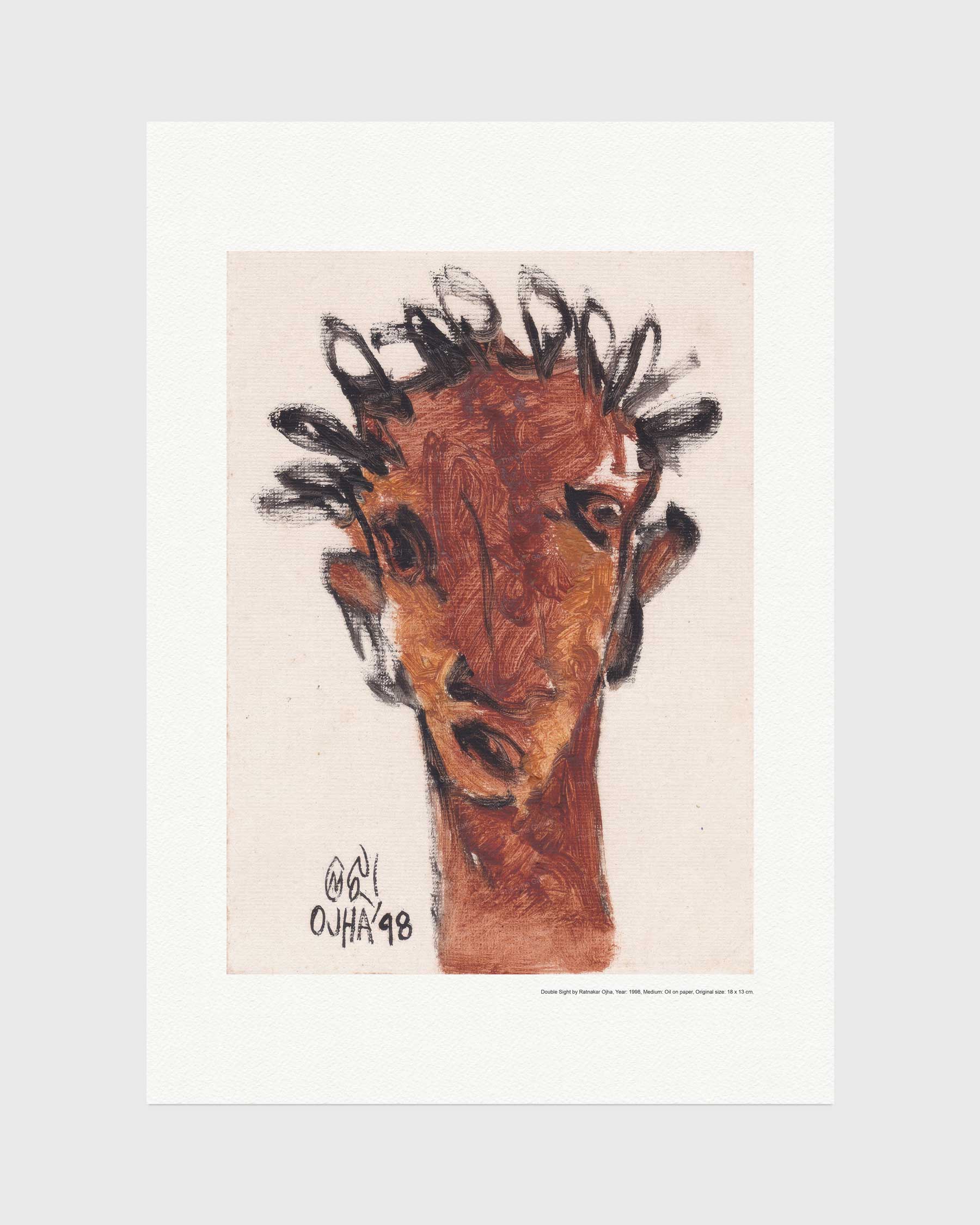 Double Sight fine art print by Ratnakar Ojha featuring an expressive portrait painting of a giraffe head in warm brown and black tones on a pale pink background, shown against a light gray backdrop.