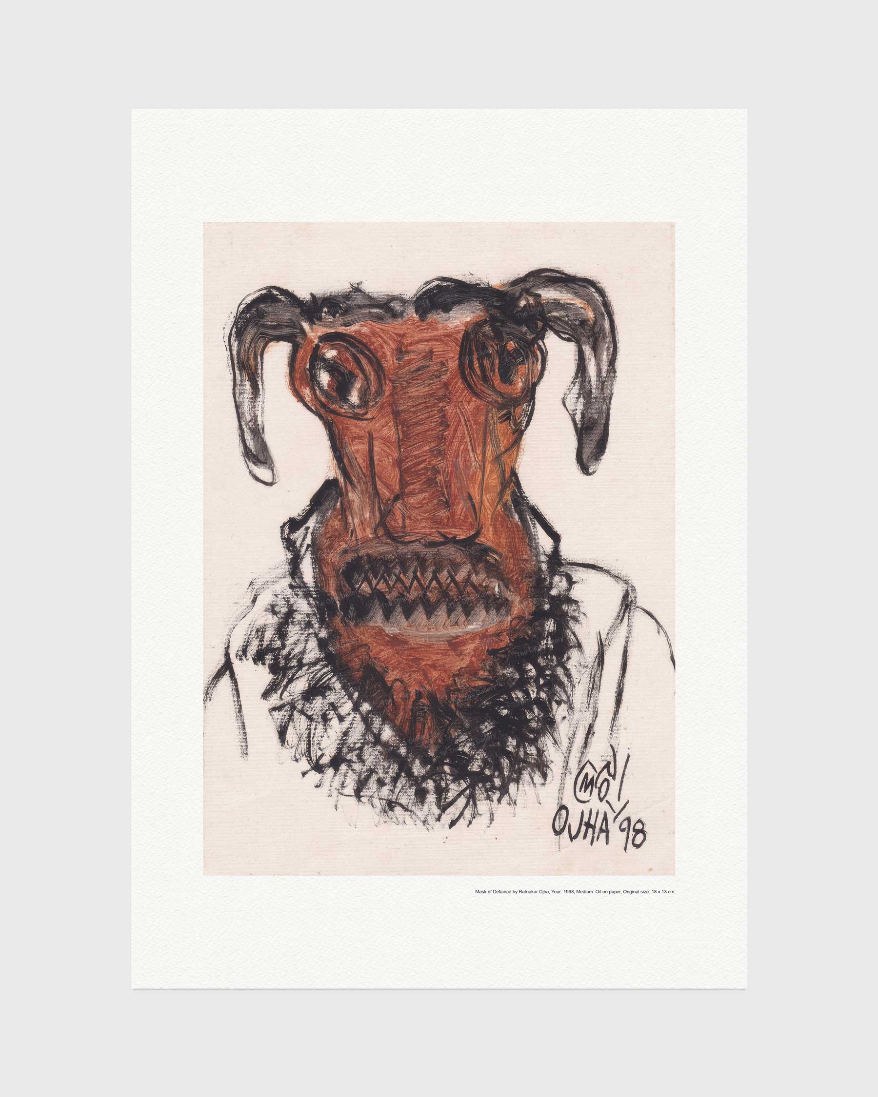 Mask of Defiance fine art print by Ratnakar Ojha featuring a surreal, hand-drawn illustration of a creature with large horns, wide eyes, and a jagged mouth, signed 'OHA 98' in the lower right of the artwork.