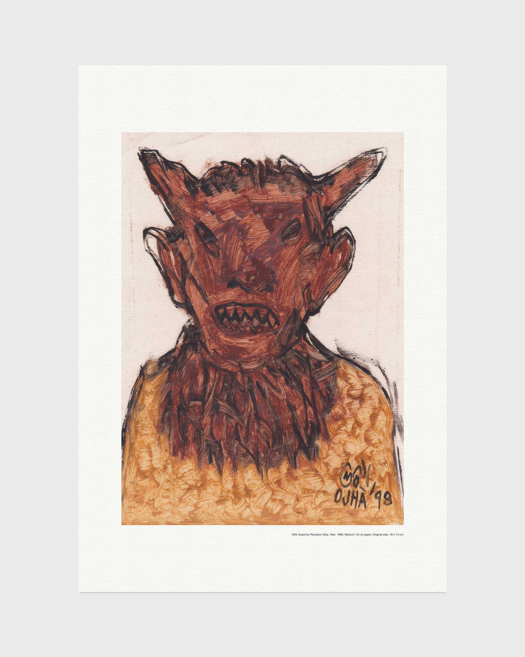 Thought Drop fine art print by Ratnakar Ojha featuring a textured, expressive portrait of a horned figure in brown and orange tones on a pale pink background, shown against a light gray backdrop.