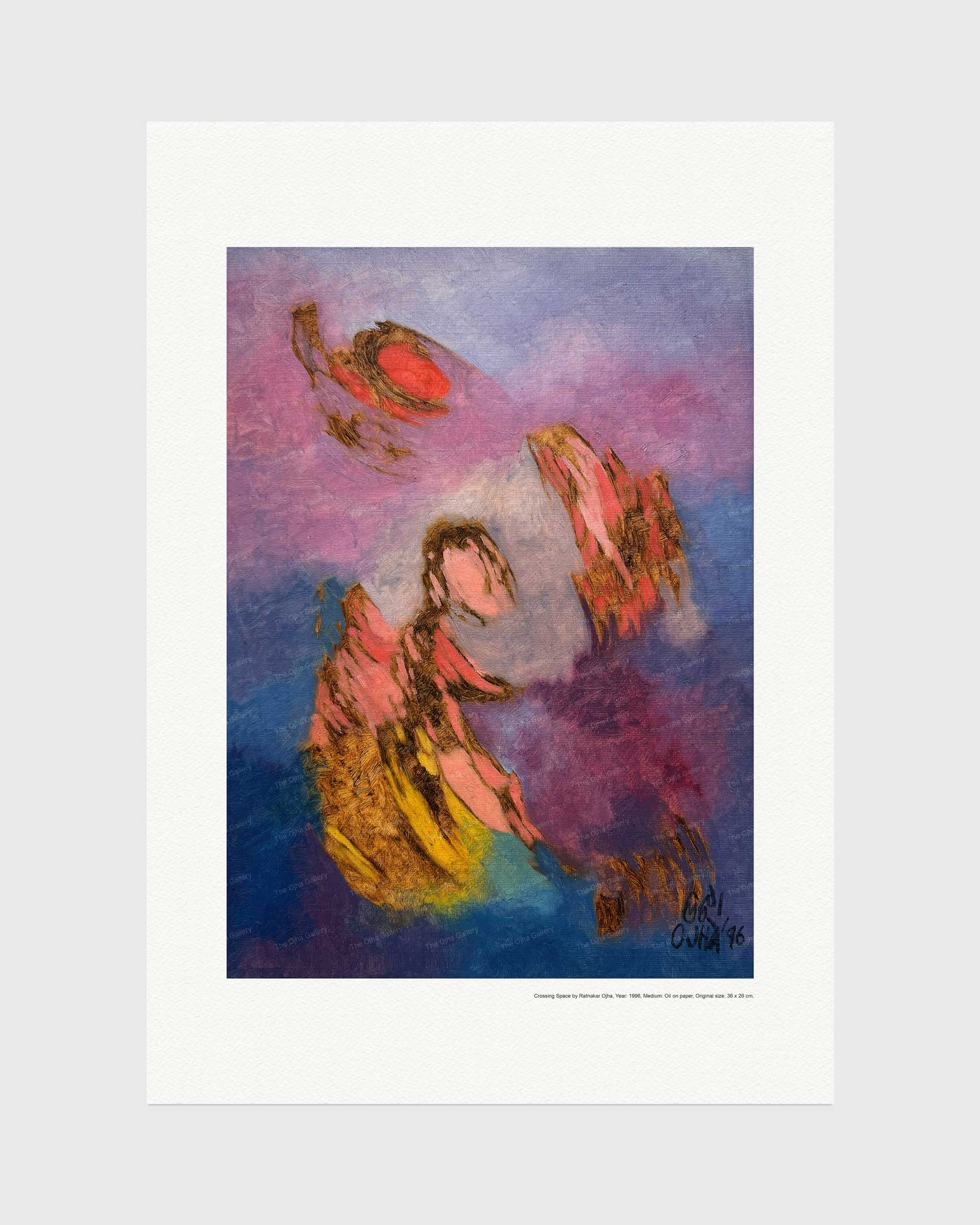 Crossing Space fine art print by Ratnakar Ojha featuring a colorful painting with expressive brushstrokes in purple, blue, pink, yellow, and brown, presented with a wide white border on a light gray background.