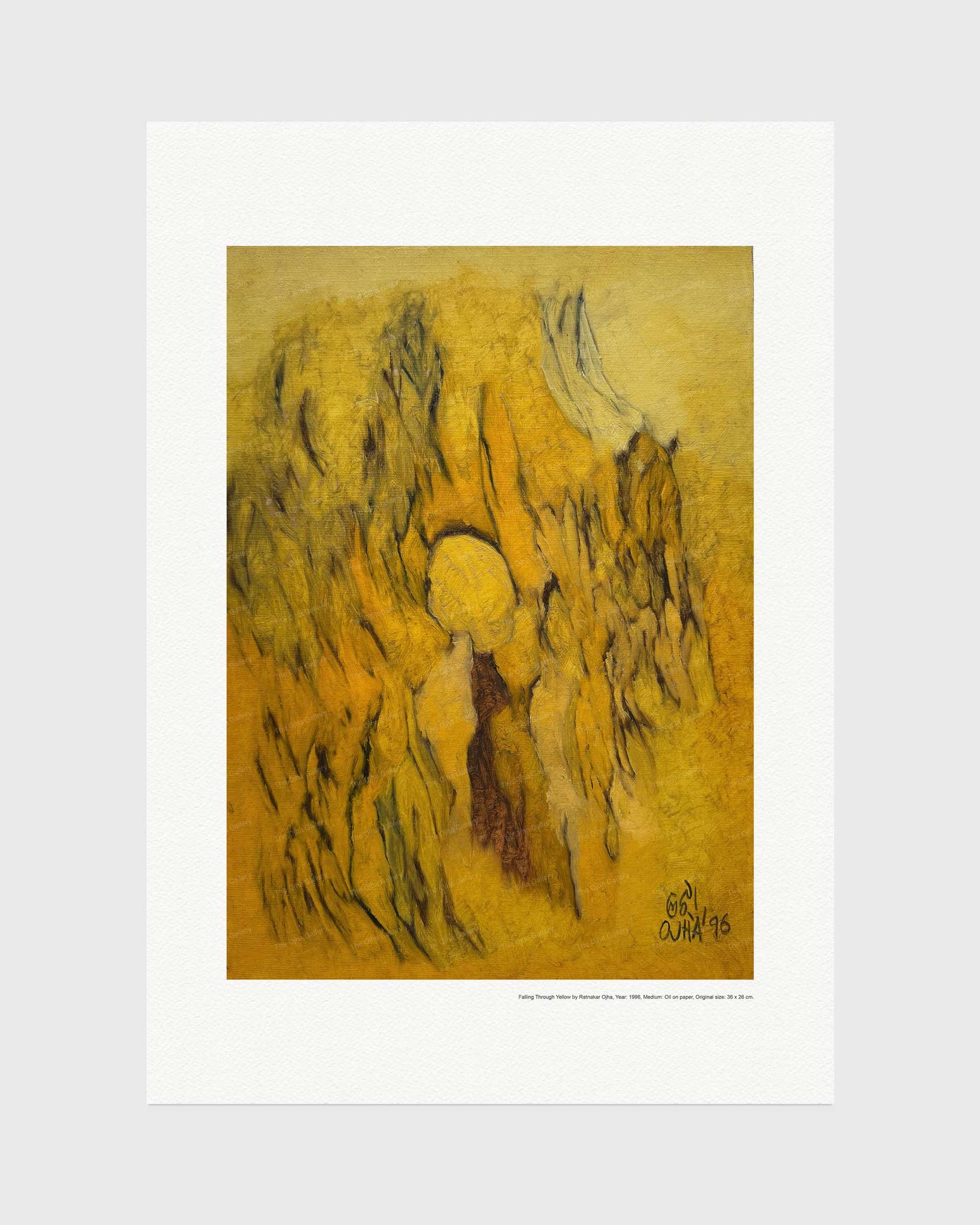 Falling Through Yellow fine art print by Ratnakar Ojha featuring a textured yellow and ochre composition with dark sketch-like lines and a small signature in the lower right, presented with a wide white border on a light gray background.