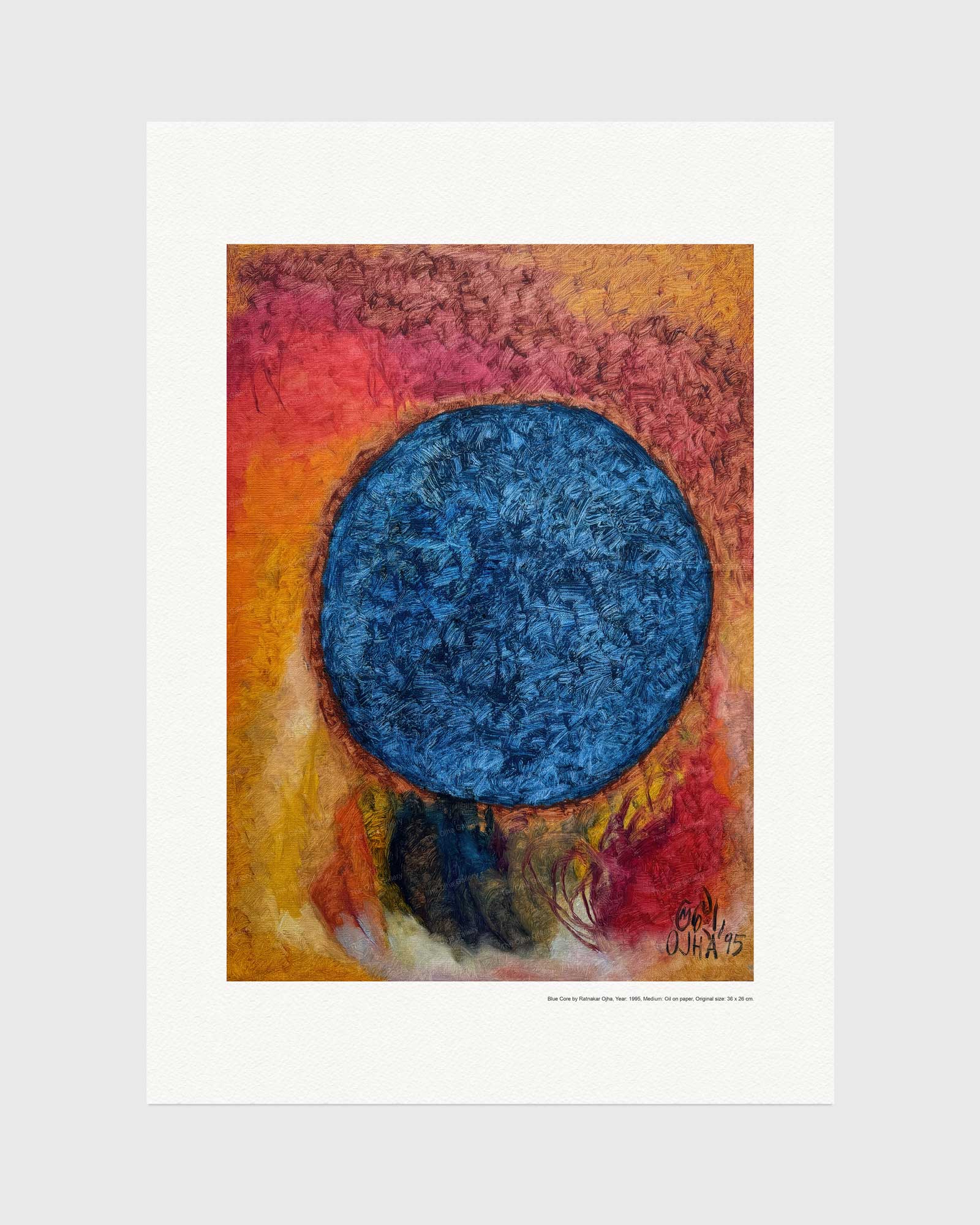 Blue Core fine art print by Ratnakar Ojha featuring a prominent textured blue circle set against a warm background of orange, red, and yellow tones, presented on a white mat board against a light gray background.