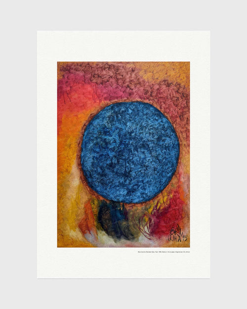 Blue Core fine art print by Ratnakar Ojha featuring a prominent textured blue circle set against a warm background of orange, red, and yellow tones, presented on a white mat board against a light gray background.