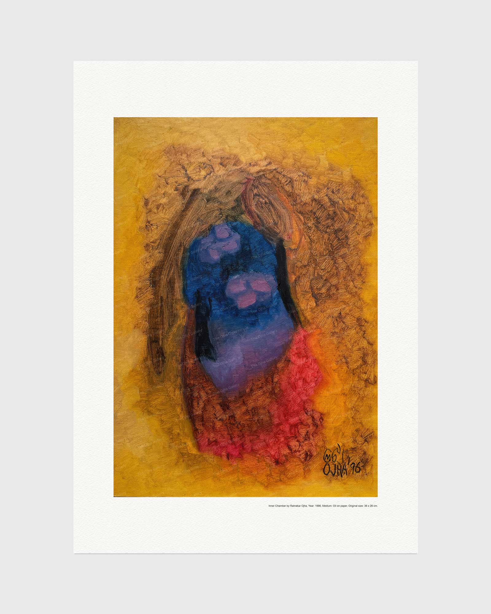 Inner Chamber fine art print by Ratnakar Ojha featuring a textured golden-yellow background with a central figure rendered in shades of blue, purple, and pink, surrounded by a wide white border.