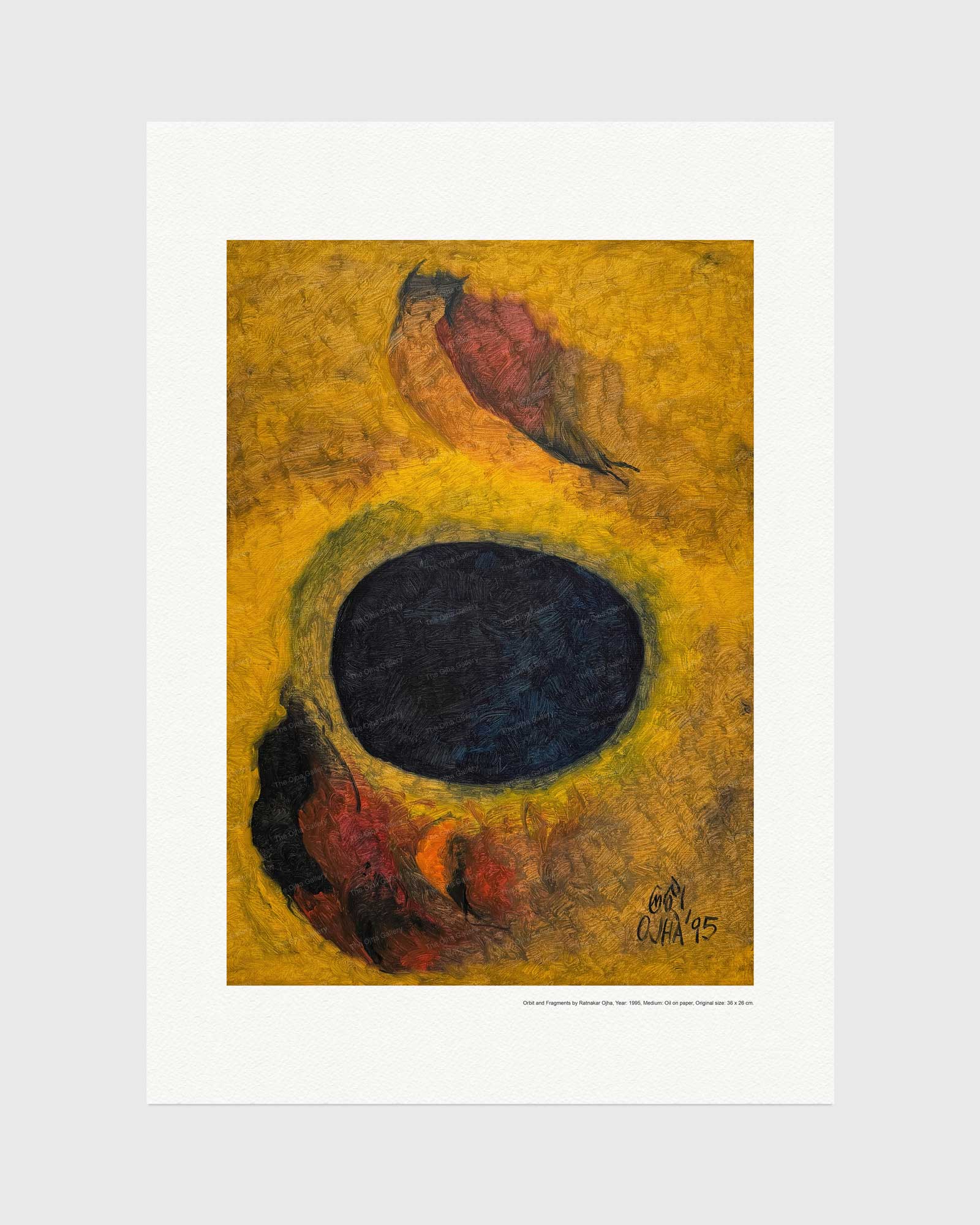 Orbit and Fragments fine art print by Ratnakar Ojha featuring a textured golden-yellow background with a large dark blue oval and two stylized birds in red, orange, and black, presented on a white mat board against a light gray background.