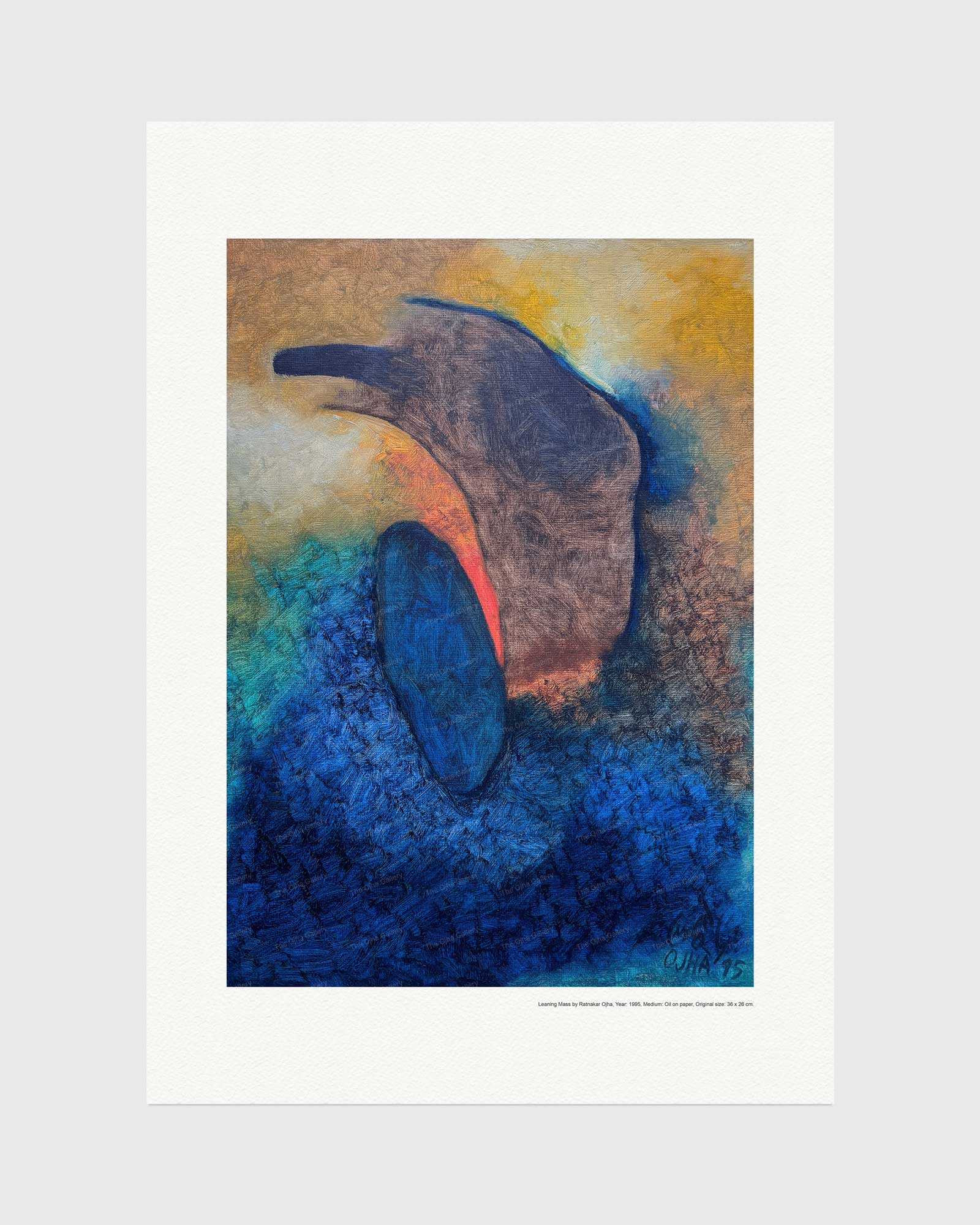 Leaning Mass fine art print by Ratnakar Ojha featuring abstract textured brushstrokes in deep blue, brown, gold, and teal, presented on a white matted paper sheet against a light gray background.