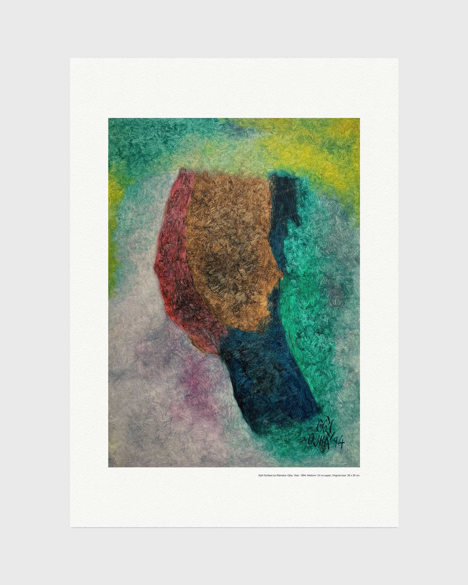 Split Surface fine art print by Ratnakar Ojha featuring a textured, layered portrait of a face in profile, rendered in earthy brown, deep blue, and red tones against a teal and yellow background. The print is presented with a wide white border on a light gray background.