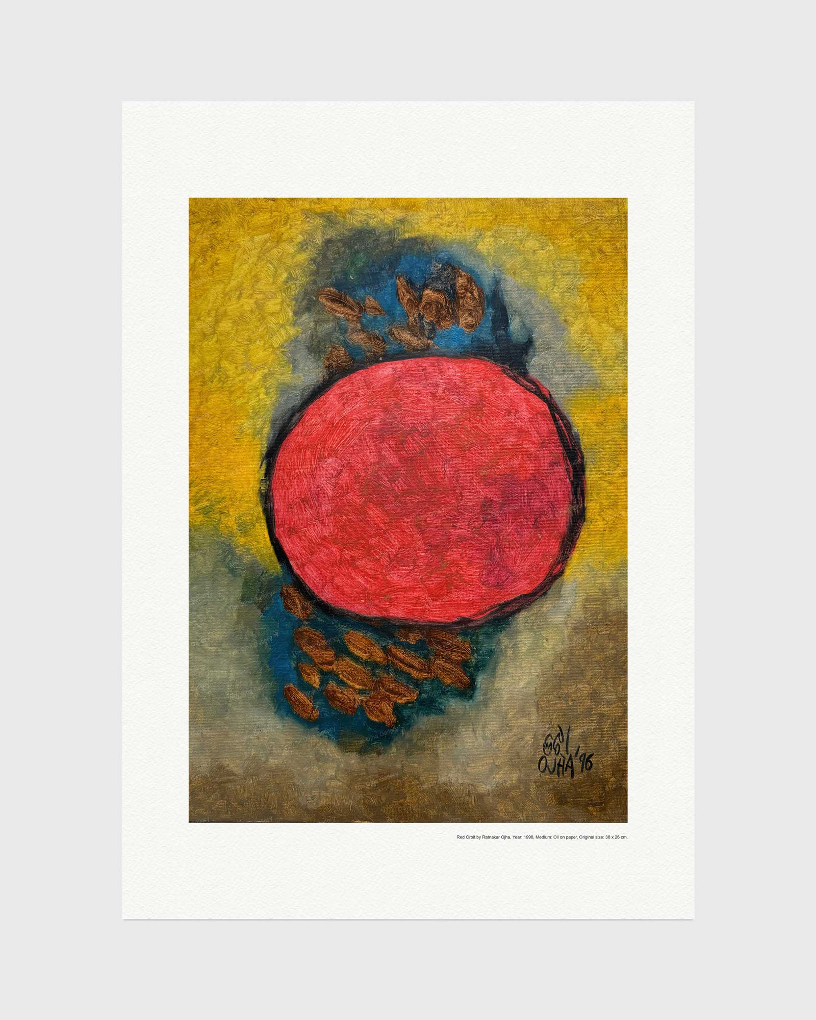 Red Orbit fine art print by Ratnakar Ojha featuring a textured red oval shape surrounded by yellow, blue, and brown organic forms, presented on a white mat board against a light gray background.