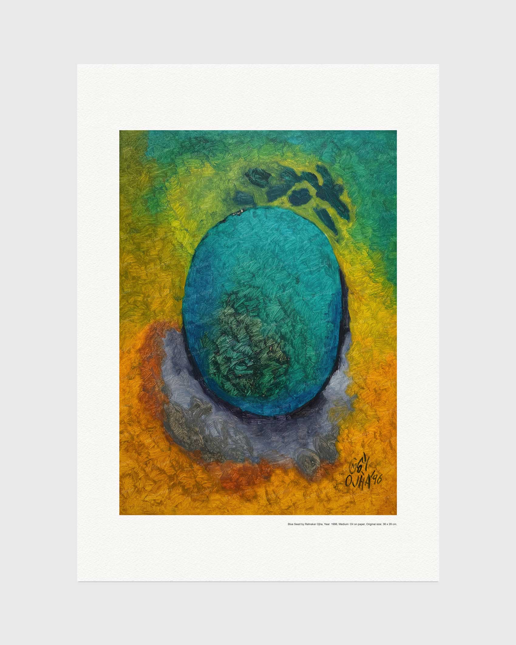 Blue Seed fine art print by Ratnakar Ojha featuring a textured teal blue oval stone-like form resting on a gray and orange base, set against a yellow and green background. The print is presented with a wide white border on a light gray background.