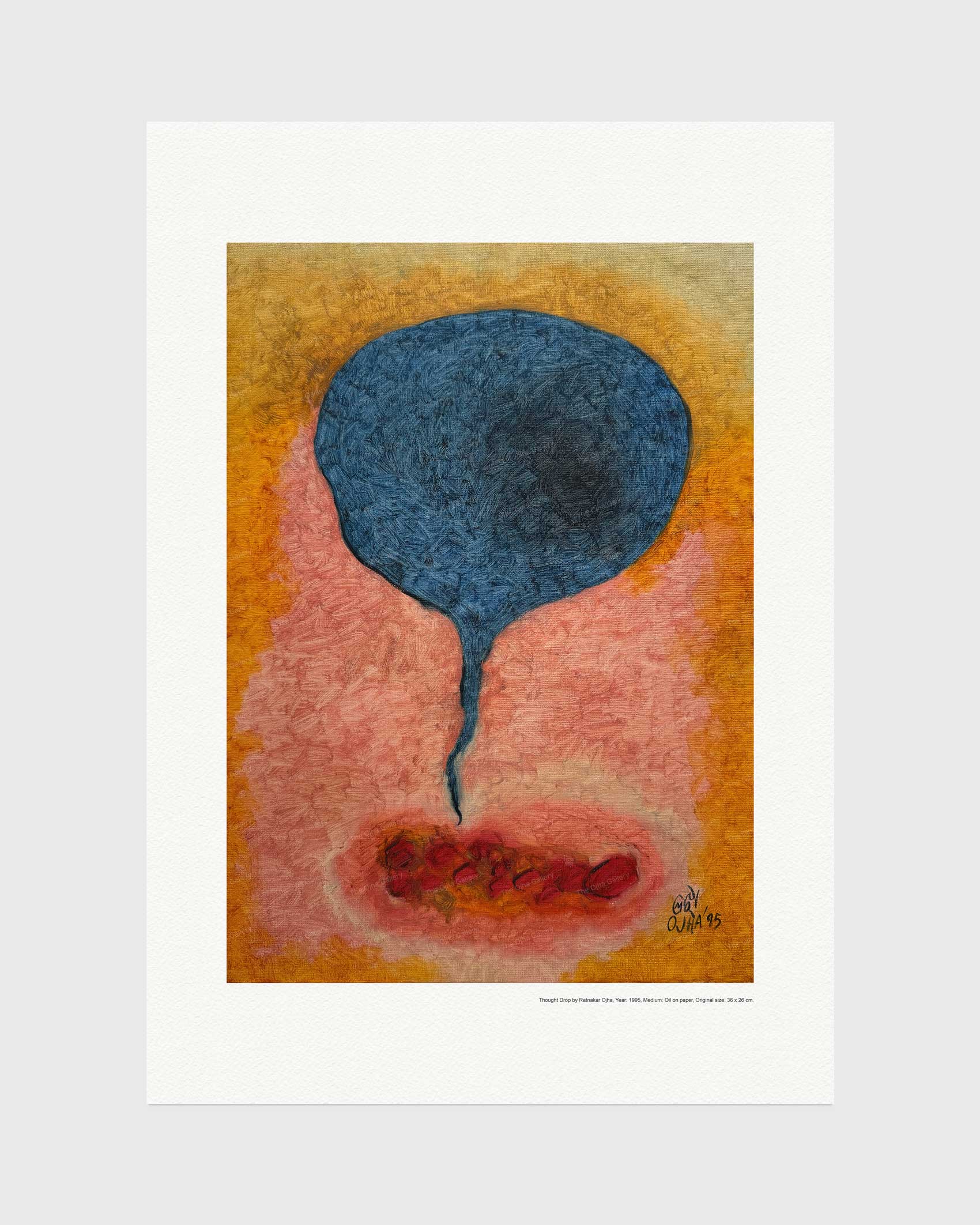 Thought Drop fine art print by Ratnakar Ojha featuring a textured blue oval shape dripping into a pink and orange landscape with a red opening at the bottom, presented on a white mat board against a light gray background.