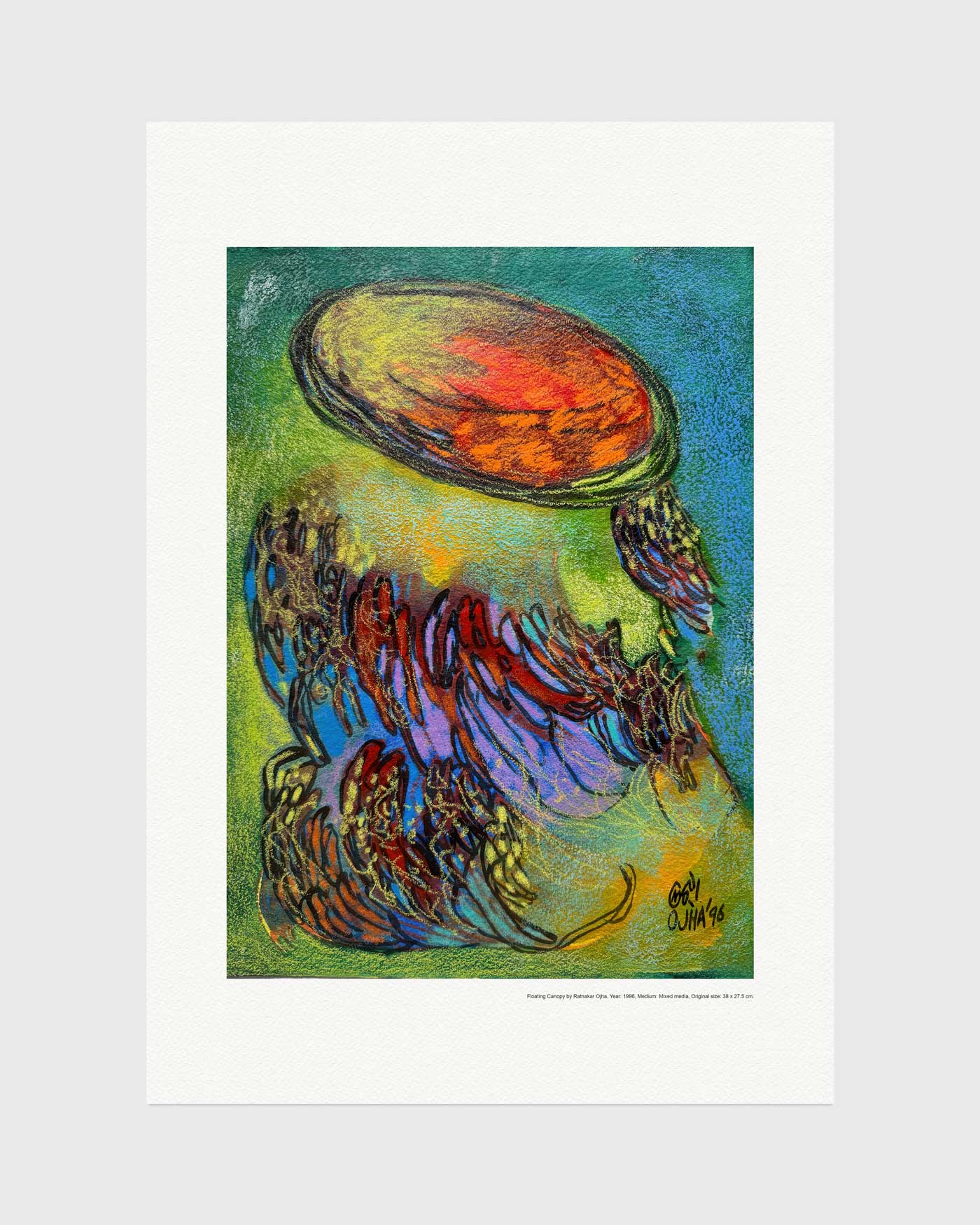 Floating Canopy fine art print by Ratnakar Ojha featuring an abstract, textured painting of a jellyfish with a glowing orange-red bell and flowing blue, purple, and green tentacles, presented on a white mat board against a light gray background.