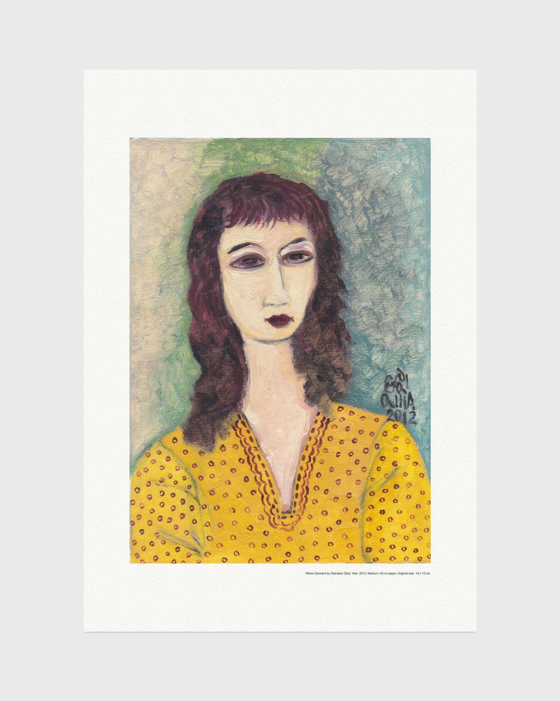 Yellow Garment fine art print by Ratnakar Ojha featuring a stylized portrait of a woman with dark hair and a yellow patterned top, set against a textured green and blue background.