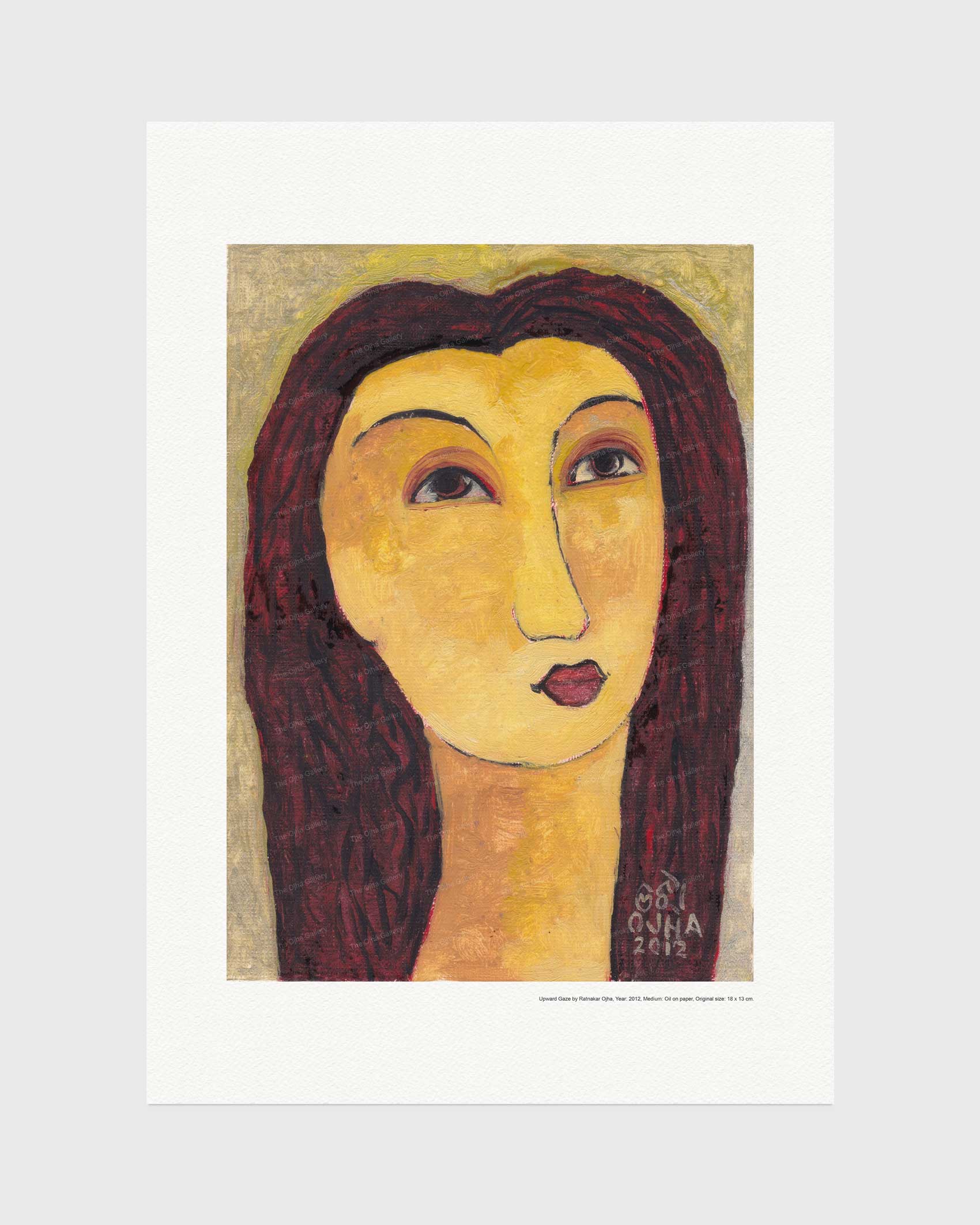Upward Gaze fine art print by Ratnakar Ojha featuring a stylized portrait of a woman with long dark red hair and a yellow face, shown against a light gray background.