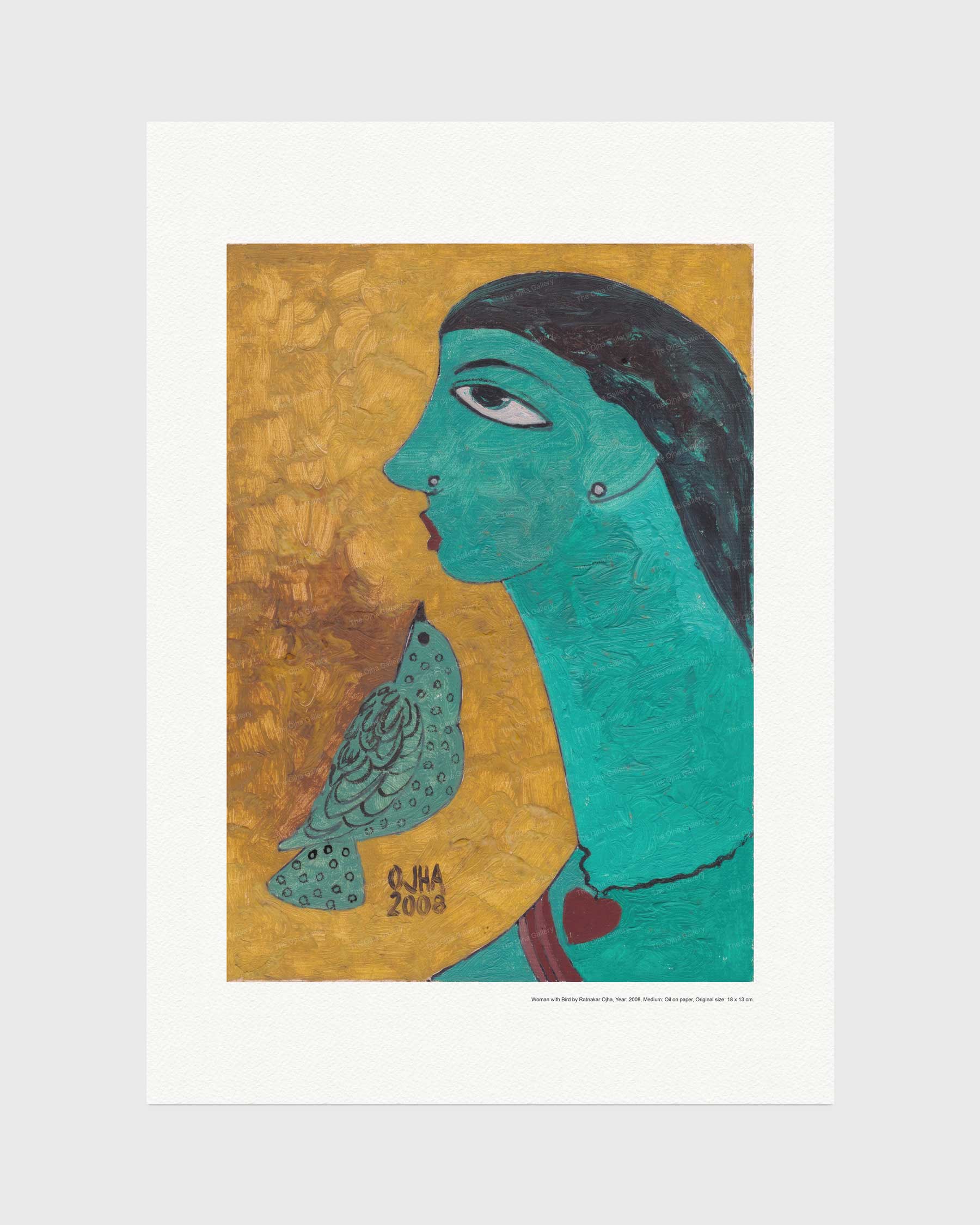 Woman with Bird fine art print by Ratnakar Ojha featuring a stylized profile portrait of a woman with turquoise skin and dark hair, accompanied by a matching turquoise bird, set against a textured gold background. The print is matted with a wide white border and presented on a light gray background.