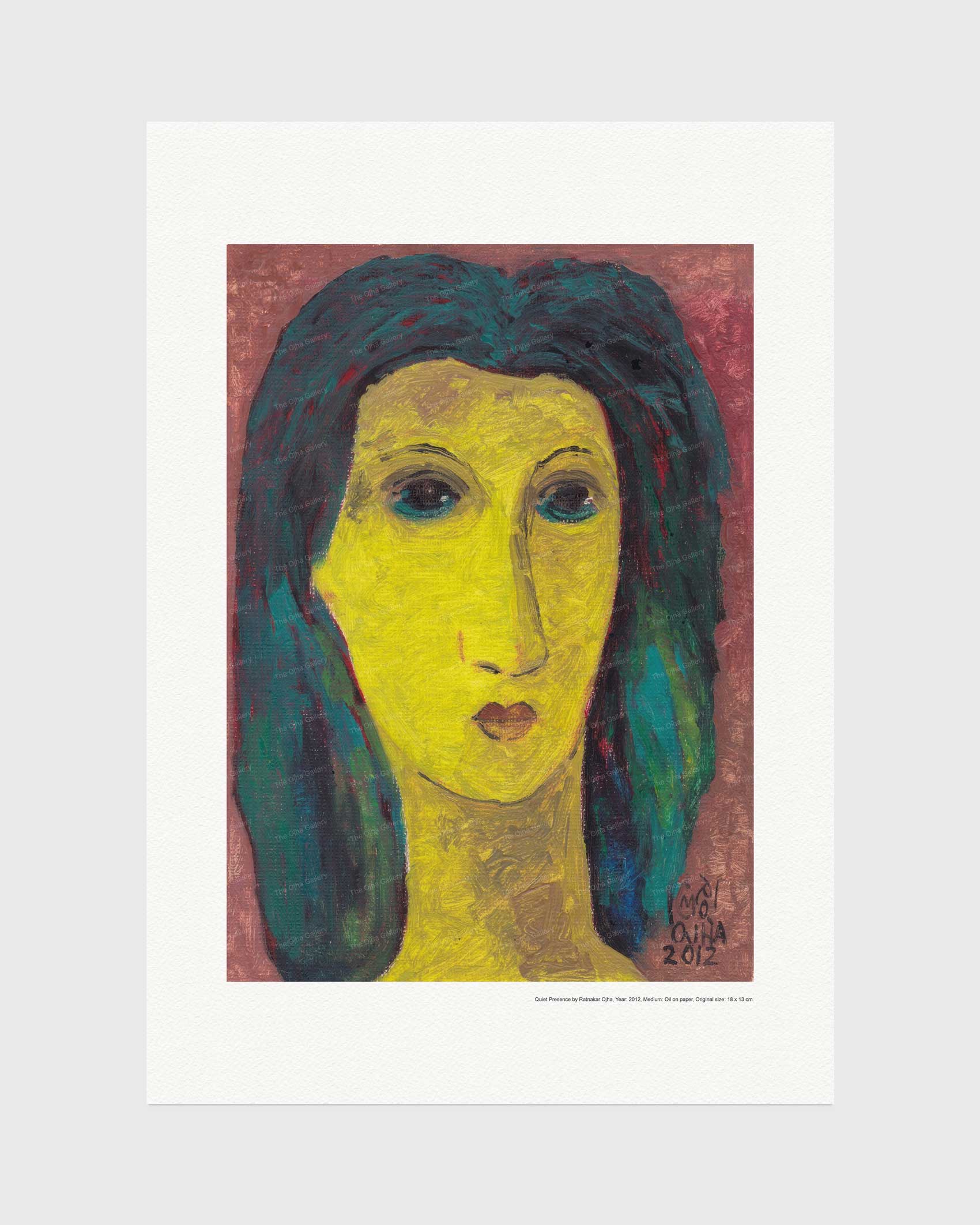 Quiet Presence fine art print by Ratnakar Ojha featuring a stylized portrait painting of a woman with yellow skin and dark teal hair against a pink background, shown on a light gray backdrop.