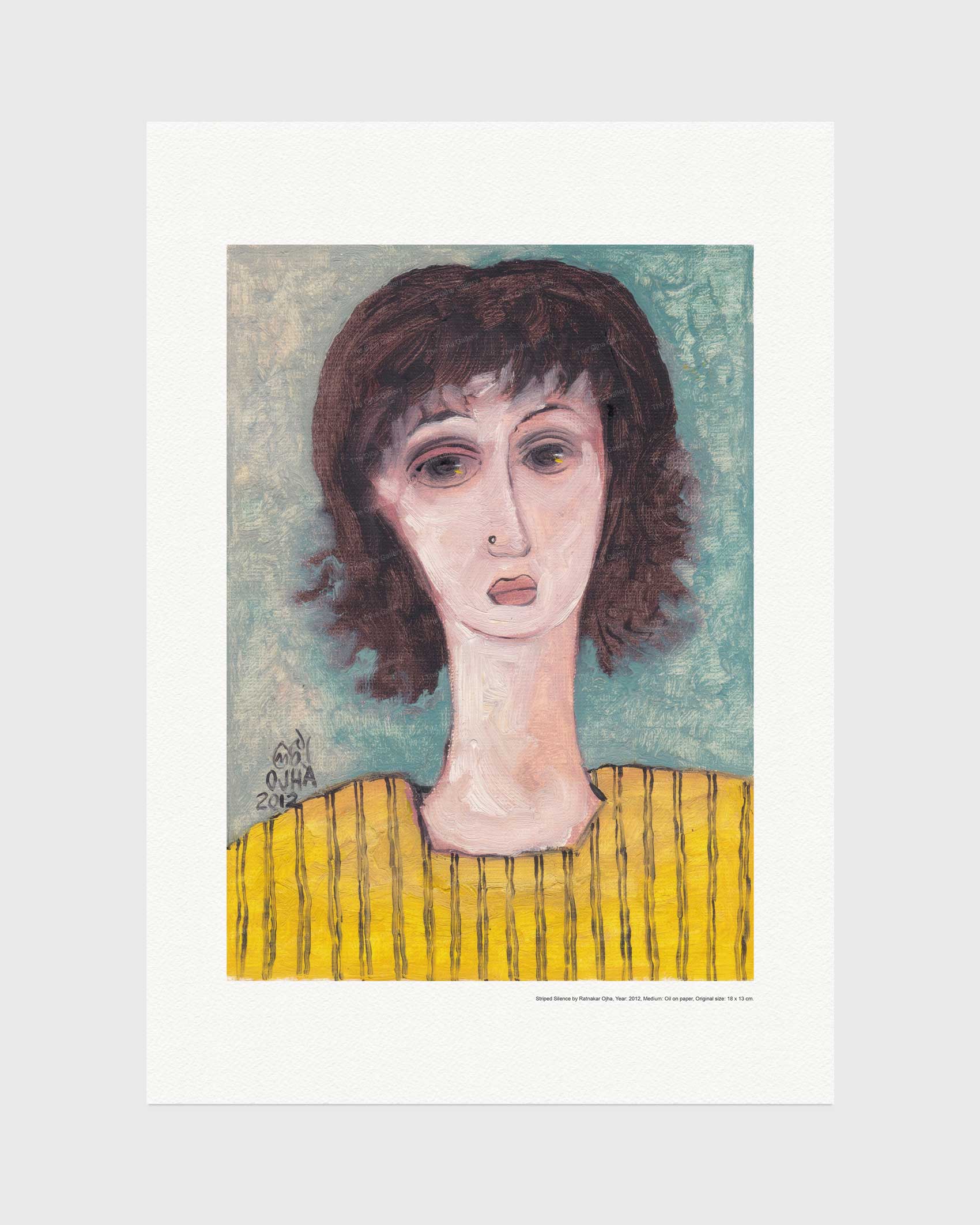 Striped Silence fine art print by Ratnakar Ojha featuring a stylized portrait of a woman with dark brown hair, pale skin, and a yellow striped top against a textured teal background, shown on a light gray wall.