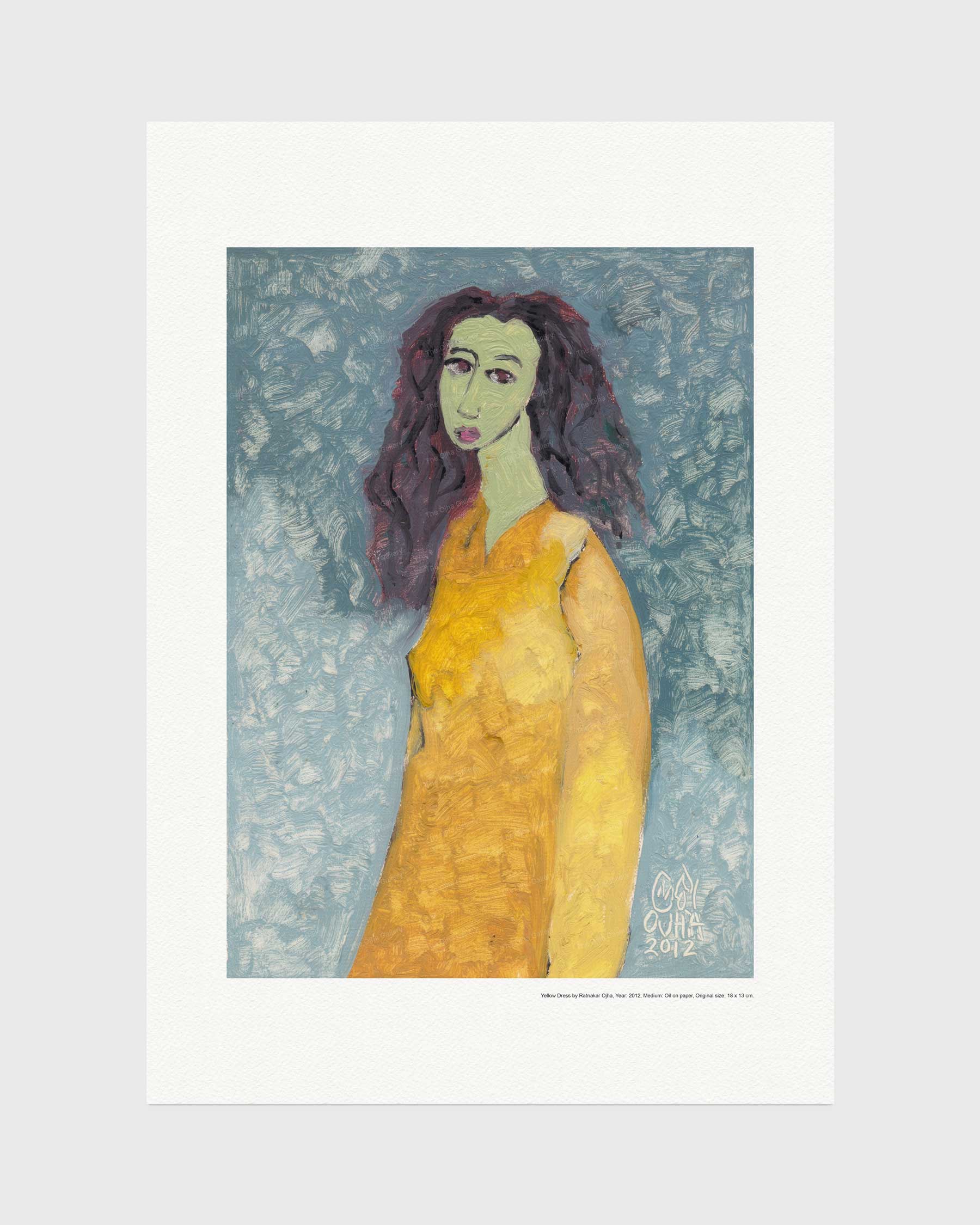 Yellow Dress fine art print by Ratnakar Ojha featuring a stylized portrait of a woman with green skin, dark hair, and a yellow dress against a textured blue background, presented with a wide white border on a light gray background.