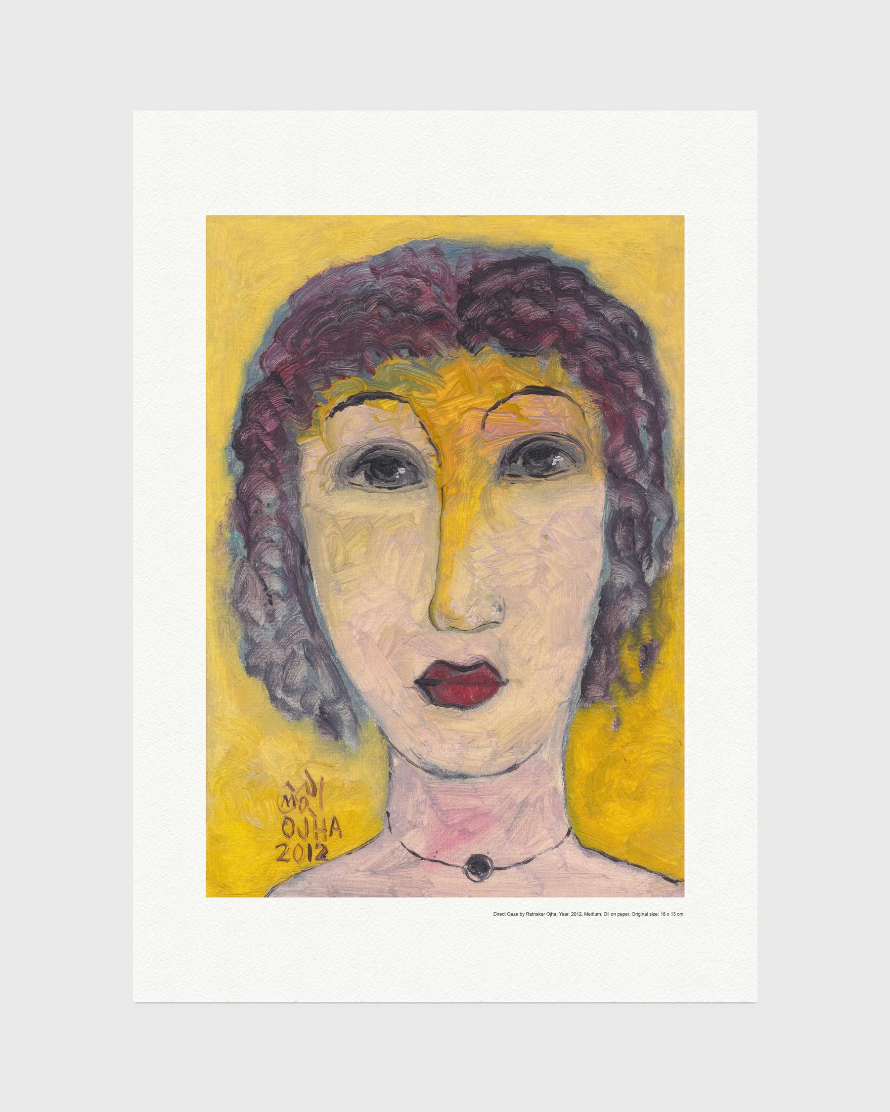 Direct Gaze fine art print by Ratnakar Ojha featuring a stylized portrait painting of a woman's face with purple hair against a yellow background, shown on a light gray backdrop.