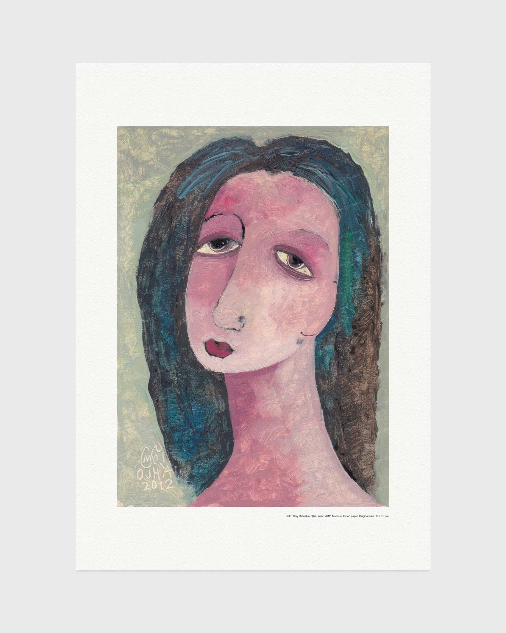 Soft Tilt fine art print by Ratnakar Ojha featuring an abstract portrait painting of a woman with dark blue-black hair, pink skin tones, and a textured light green background.