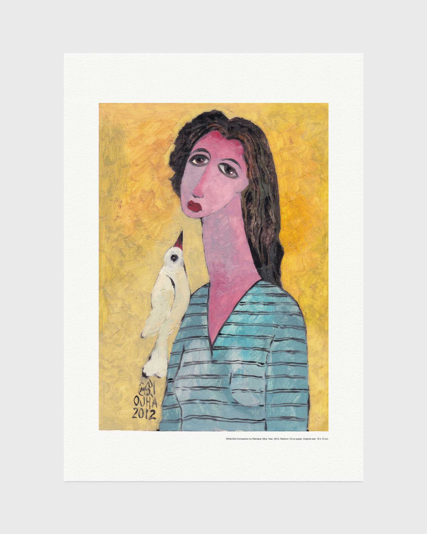 White Bird Companion fine art print by Ratnakar Ojha featuring an expressive painting of a woman with a white bird on her shoulder, set against a yellow background. The print has a wide white border and is photographed against a neutral light gray background.