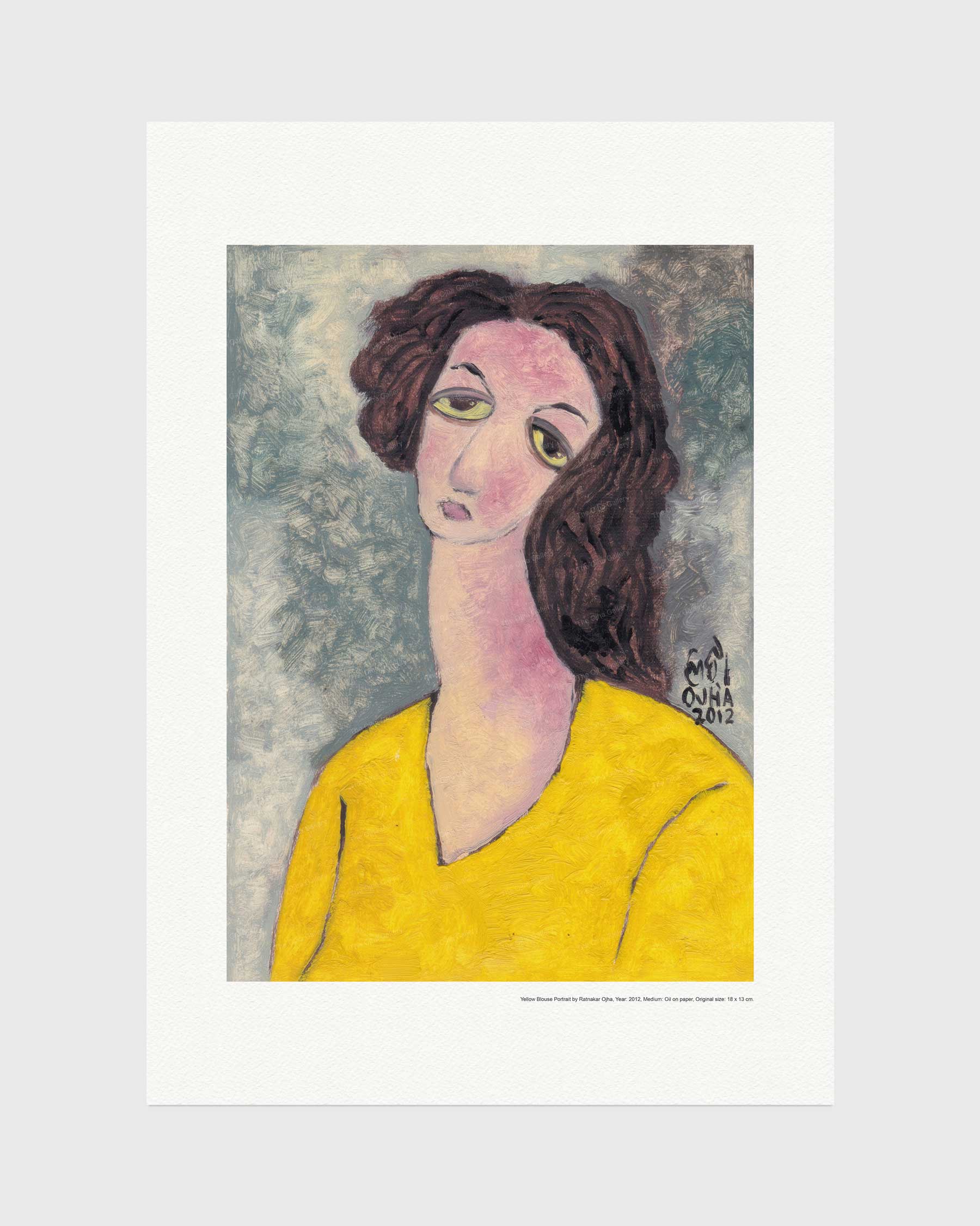 Yellow Blouse Portrait fine art print by Ratnakar Ojha featuring an impressionistic portrait painting of a woman with dark brown hair, a yellow top, and green eyes, set against a textured gray-blue background.