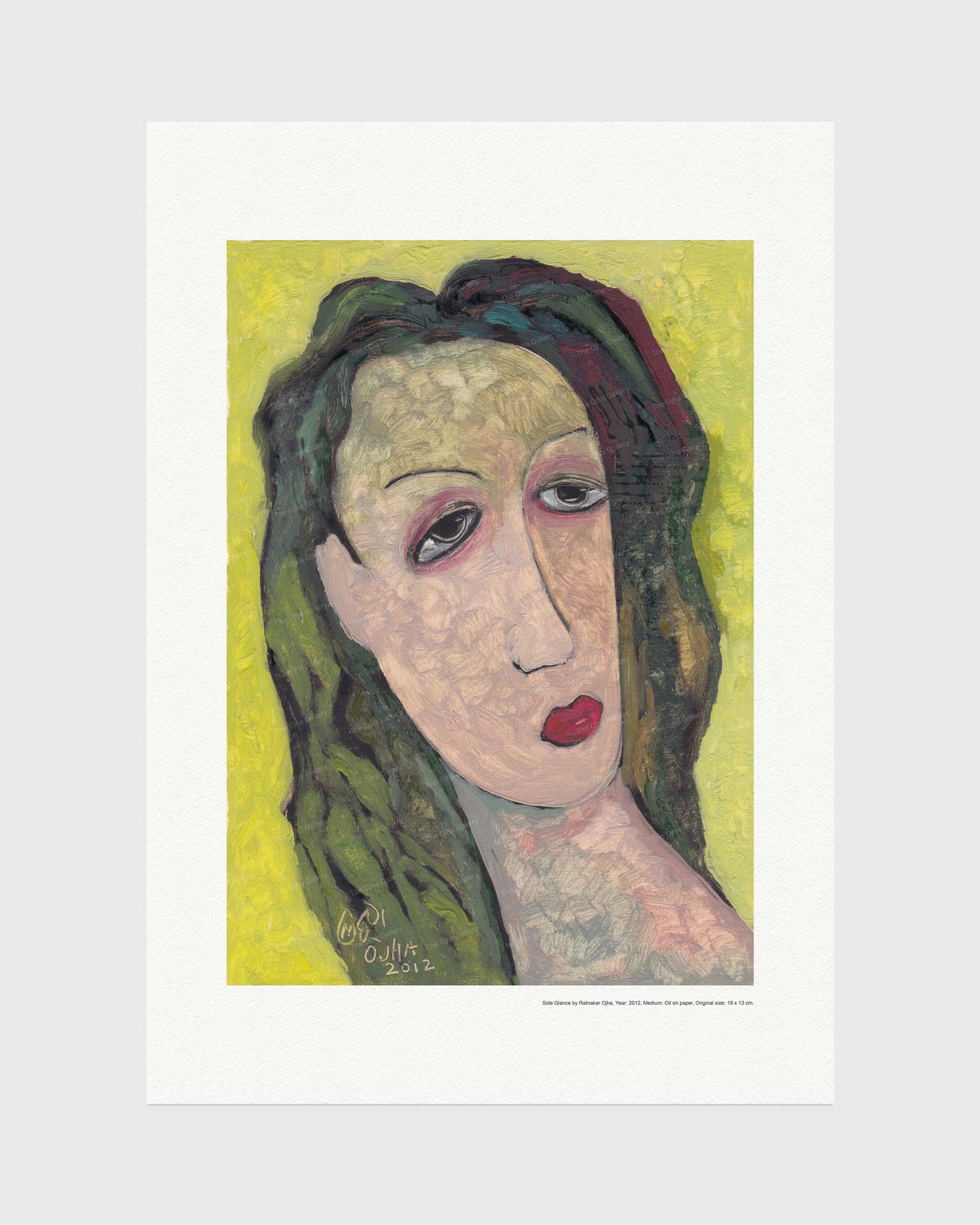 Side Glance fine art print by Ratnakar Ojha featuring a stylized portrait of a woman with dark hair, pale skin, and red lips against a yellow-green background, shown on a light gray backdrop.