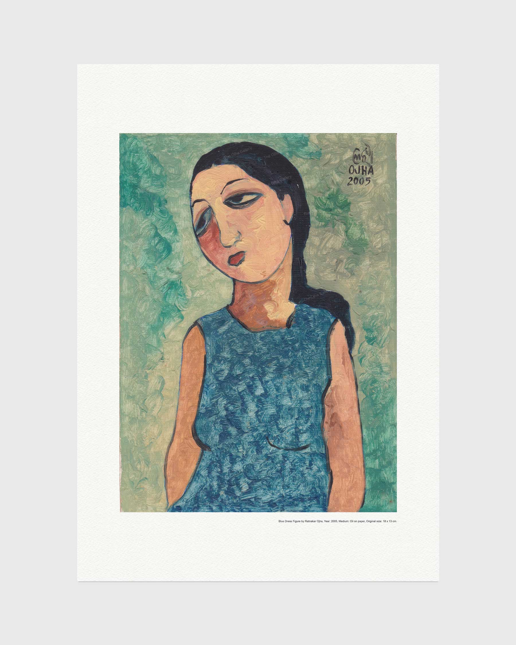 Blue Dress Figure fine art print by Ratnakar Ojha featuring an expressionist painting of a woman with dark hair wearing a blue patterned dress, set against a textured teal background.