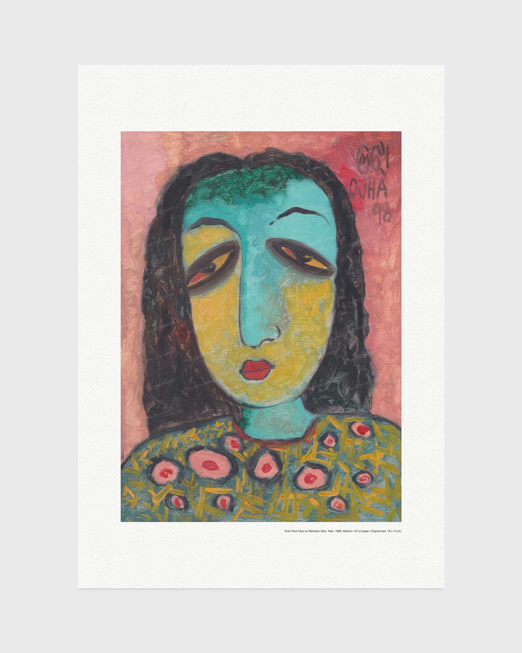 Profile with Red Hair fine art print by Ratnakar Ojha featuring a stylized portrait of a woman with a blue-green face, yellow eyes, and a patterned green top against a pink background, presented with a wide white border on a light gray backdrop.