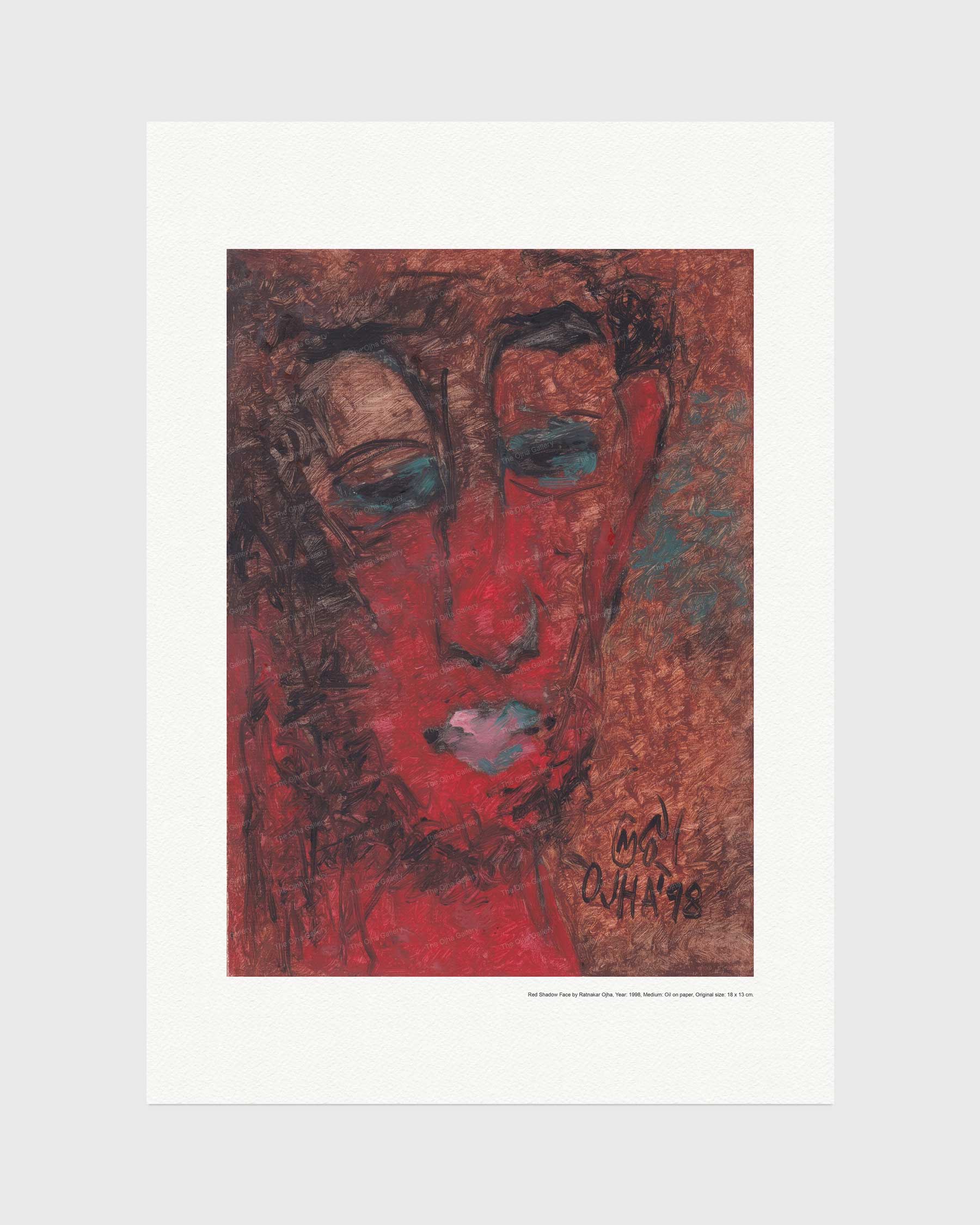 Profile with Red Hair fine art print by Ratnakar Ojha featuring an abstract, textured portrait of a face in red, brown, and black tones with blue accents, presented on a white sheet of paper against a light gray background.