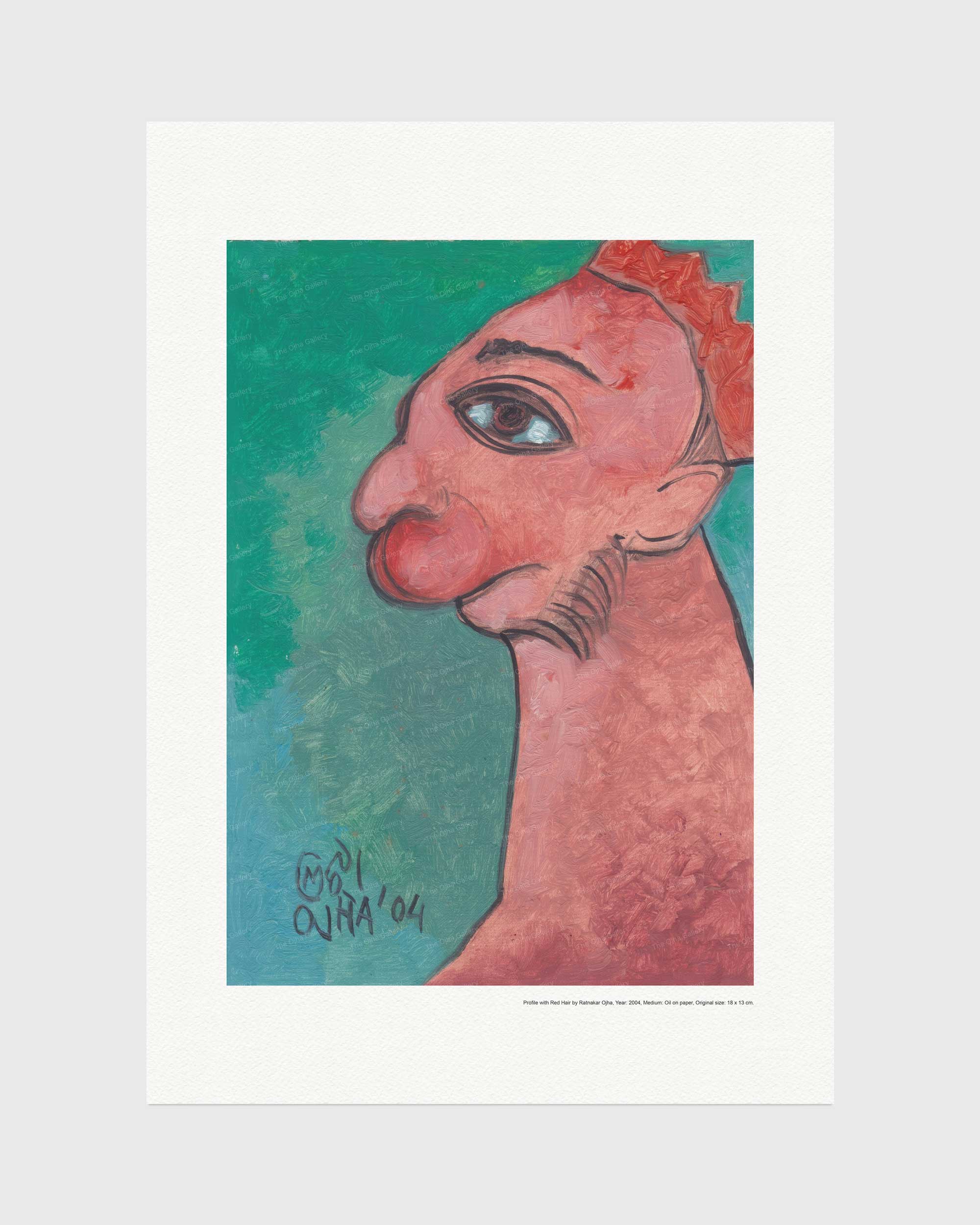 Profile with Red Hair fine art print by Ratnakar Ojha featuring a stylized portrait of a figure in profile against a textured teal and green background, with red hair and pinkish skin tones. The print is centered on a light gray background.