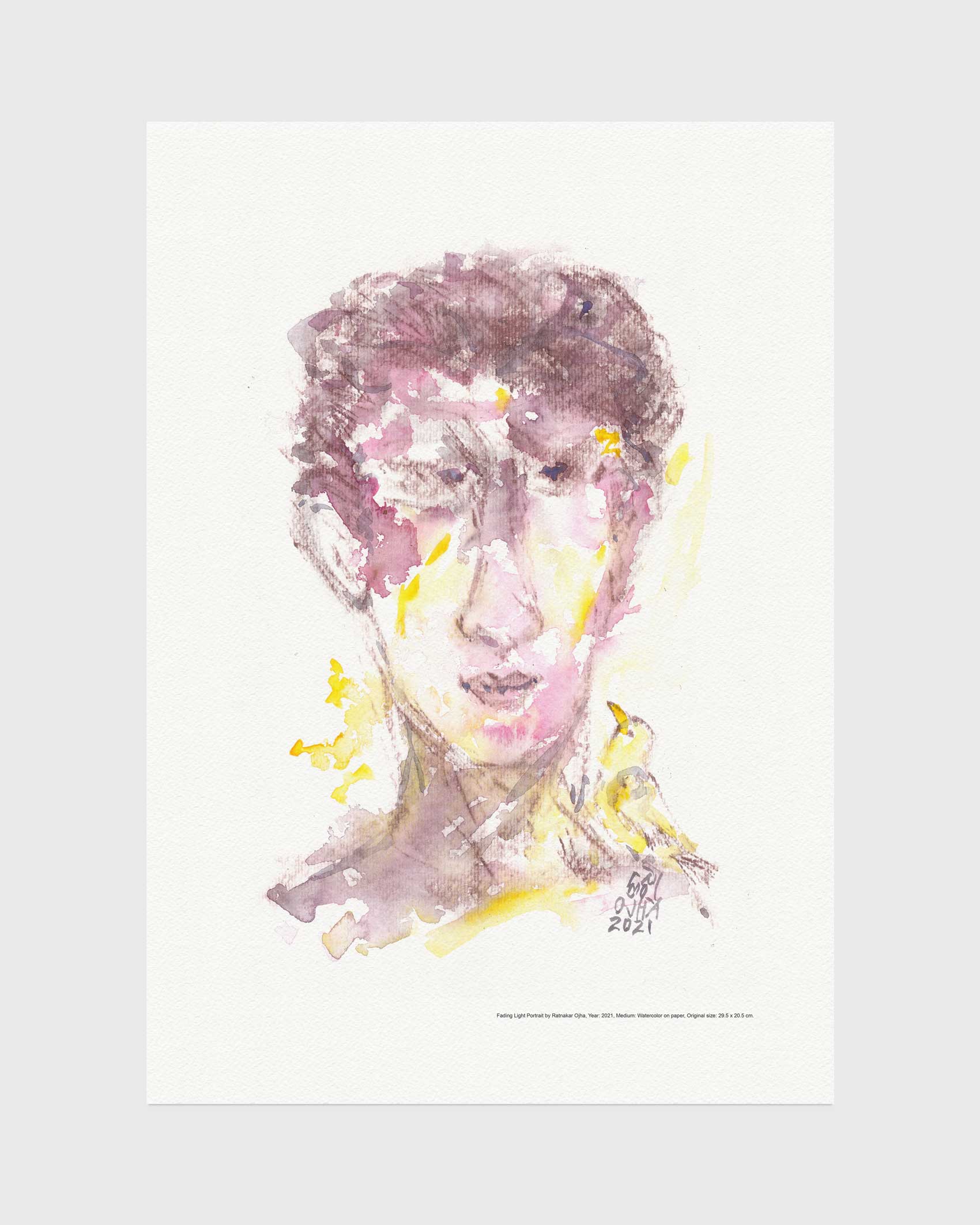 Fading Light Portrait fine art print by Ratnakar Ojha featuring soft pink, purple, and yellow washes on a white paper background, shown against a light gray backdrop.