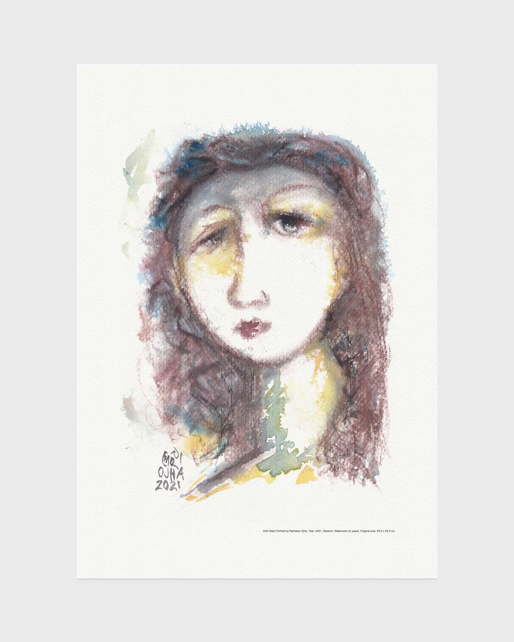 Soft Wash Portrait fine art print by Ratnakar Ojha of a woman's face, featuring expressive brushstrokes in brown, blue, yellow, and green on a white paper background, shown against a light gray backdrop.