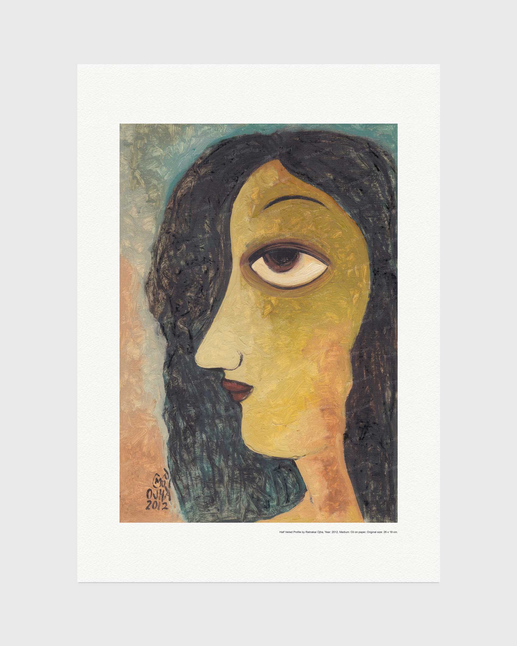 Half Veiled Profile fine art print by Ratnakar Ojha featuring a stylized portrait of a woman in profile with dark hair, a yellow face, and a textured teal and peach background, shown against a light gray backdrop.