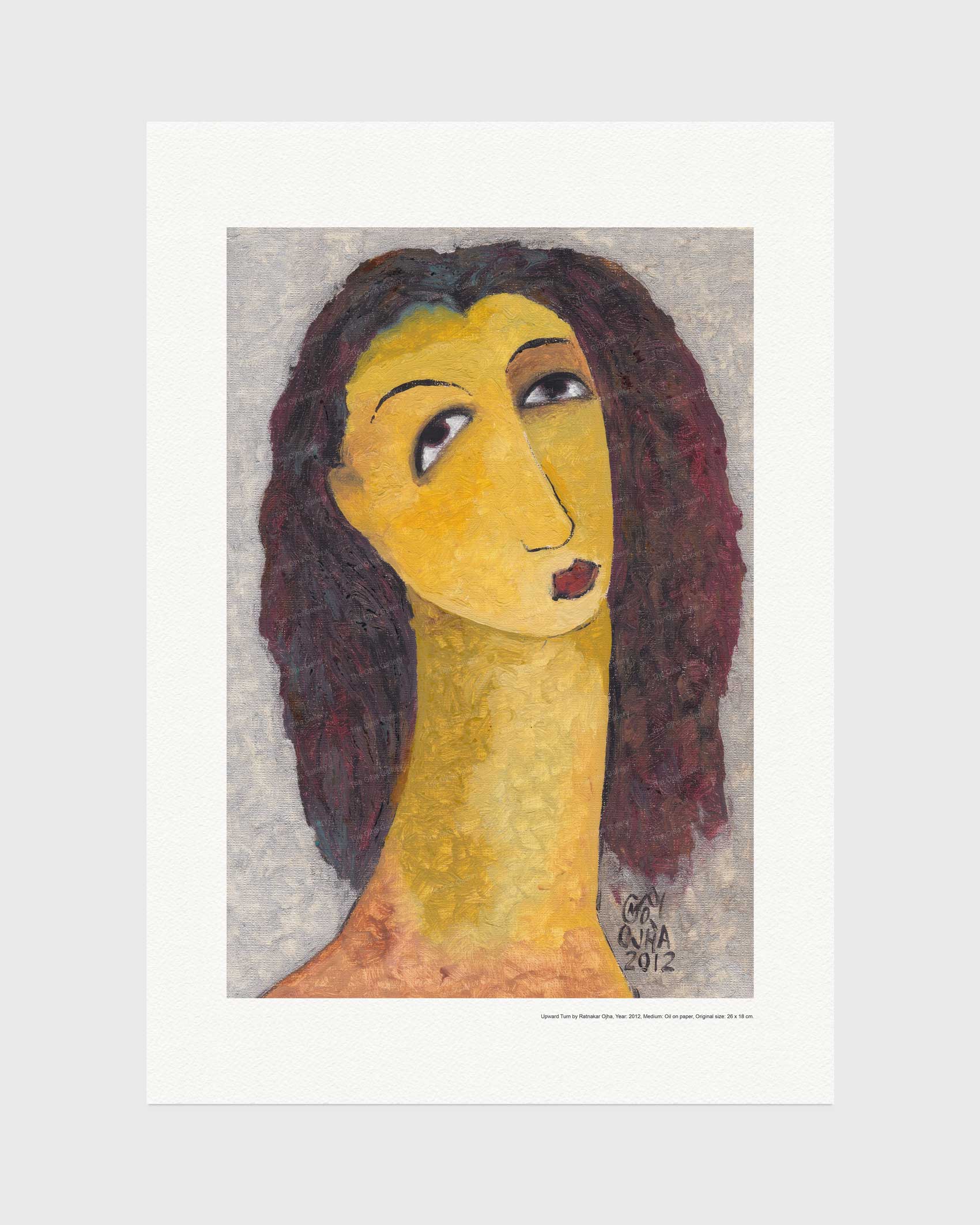 Upward Turn fine art print by Ratnakar Ojha featuring a woman's face with dark wavy hair, rendered in textured brushstrokes of yellow, brown, and red on a white mat board against a light gray background.