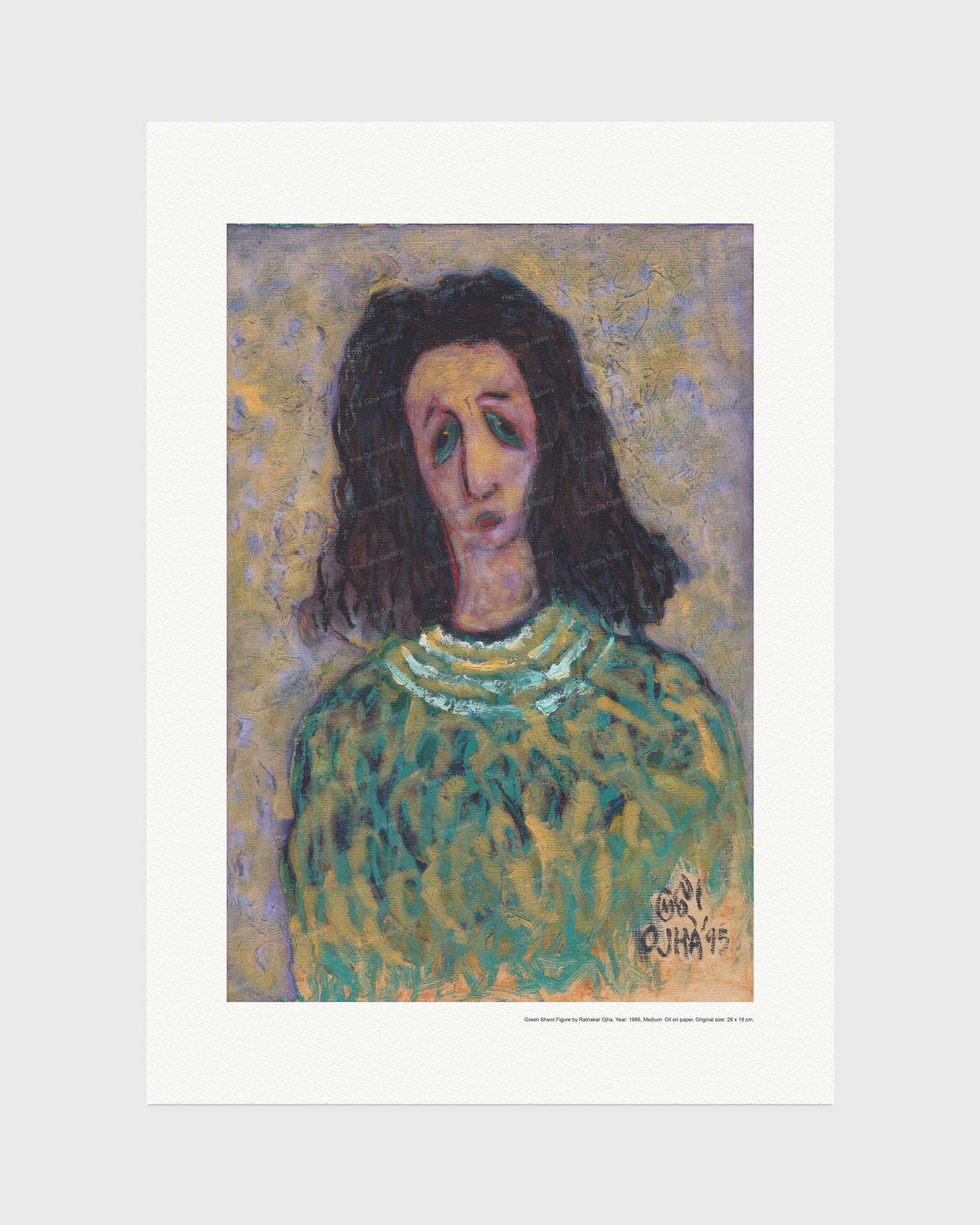 White Ram fine art print by Ratnakar Ojha featuring an impressionist portrait painting of a woman with dark hair, a green patterned top, and a textured lavender and gold background. The print is centered on a light gray background.