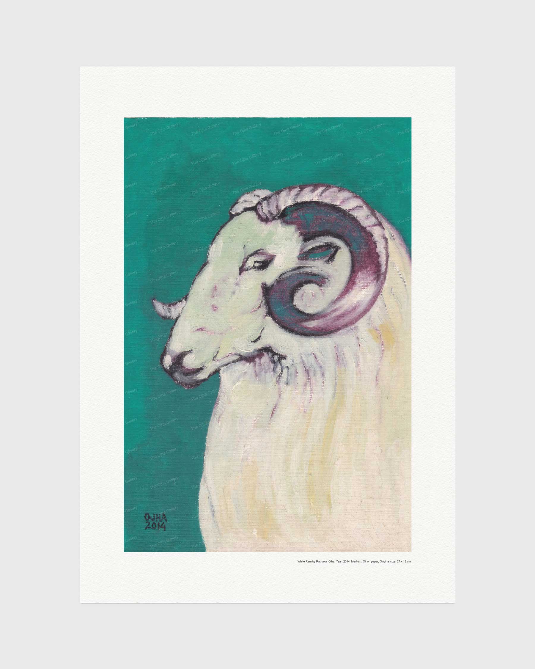 White Ram fine art print by Ratnakar Ojha featuring a stylized illustration of a white ram with curled purple horns against a teal background, presented with a wide white border on a light gray backdrop.