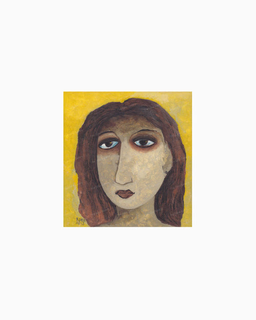 Original Yellow Ground Portrait painting by Ratnakar Ojha of a woman's face with brown hair against a yellow background.