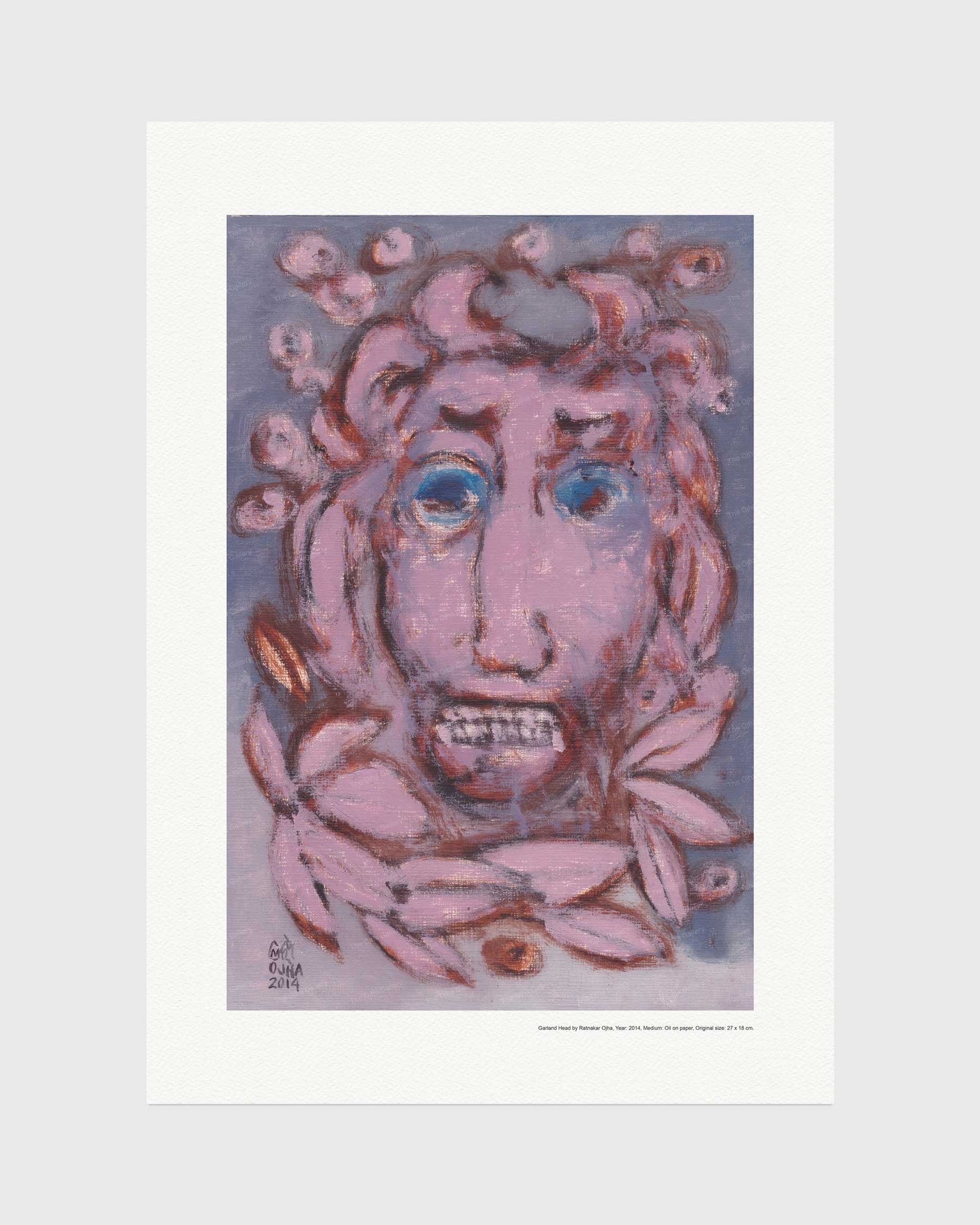 Violet Stillness fine art print by Ratnakar Ojha featuring an abstract, textured painting of a face with pink and purple tones, blue eyes, and brown leaf-like details, presented with a wide white border.