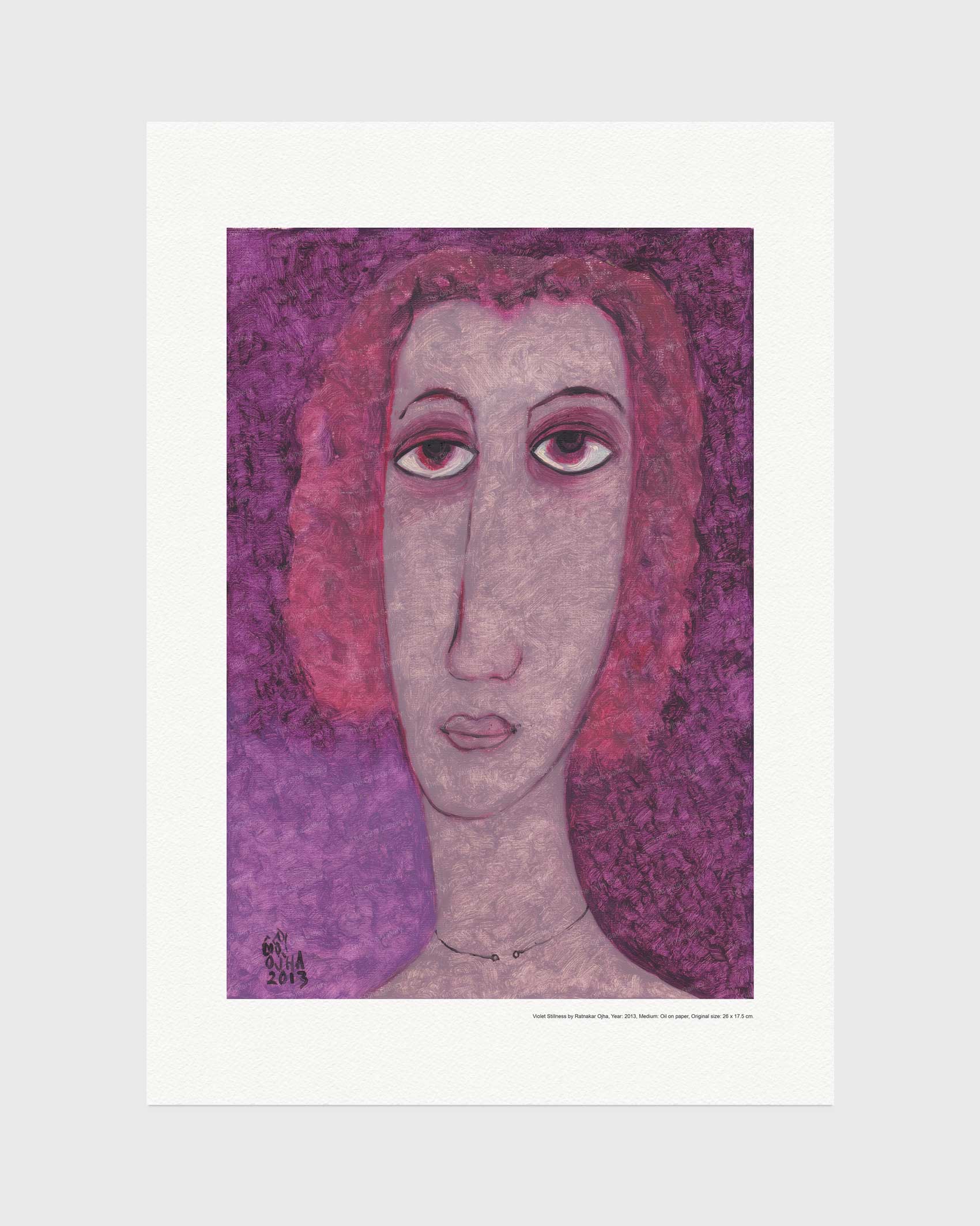 Violet Stillness fine art print by Ratnakar Ojha featuring a stylized portrait of a woman with pink hair and a textured purple background, presented with a wide white border on a light gray backdrop.