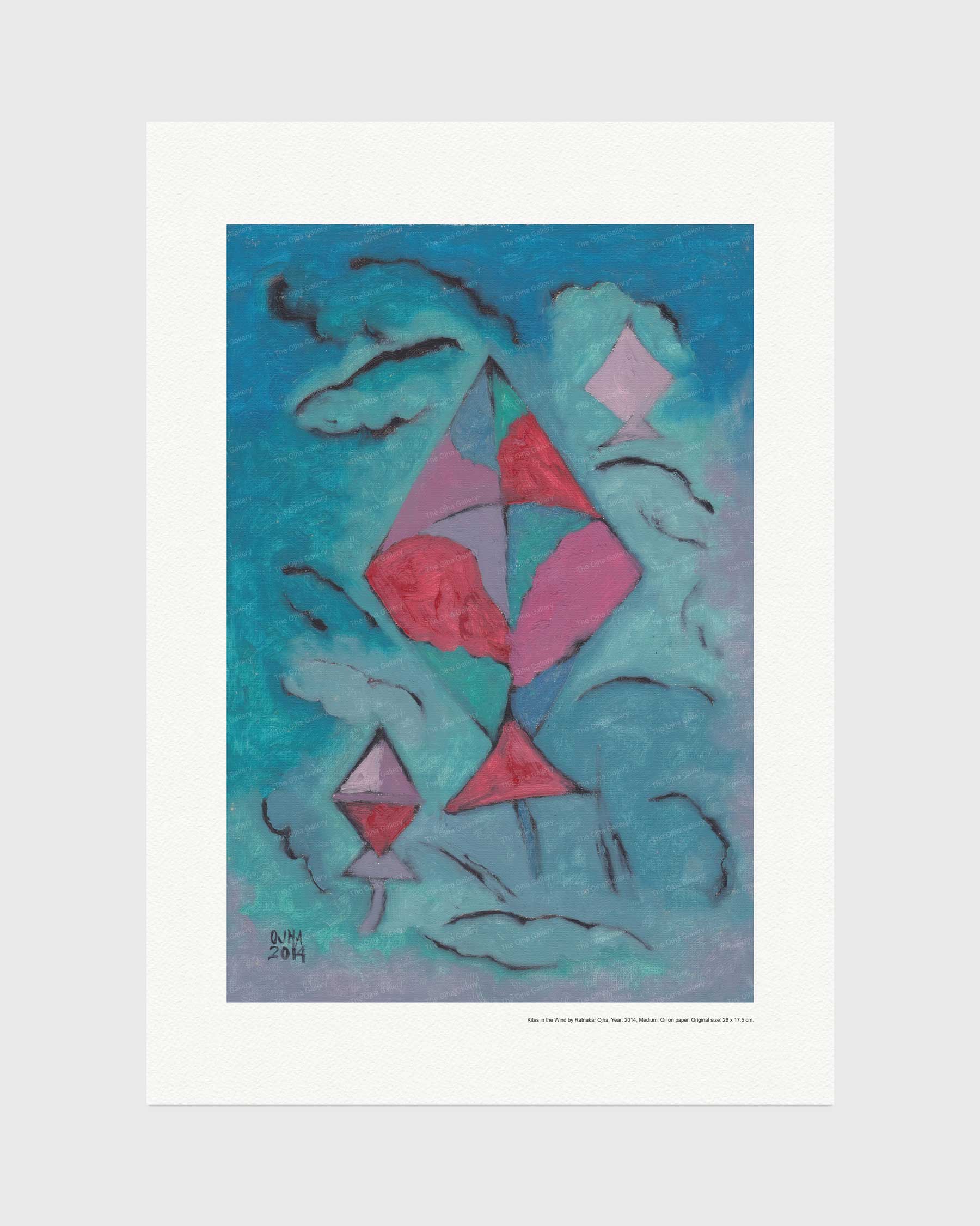 Red Tree Village fine art print by Ratnakar Ojha featuring geometric shapes in pink, red, and teal on a textured blue background, presented with a wide white border on a light gray background.