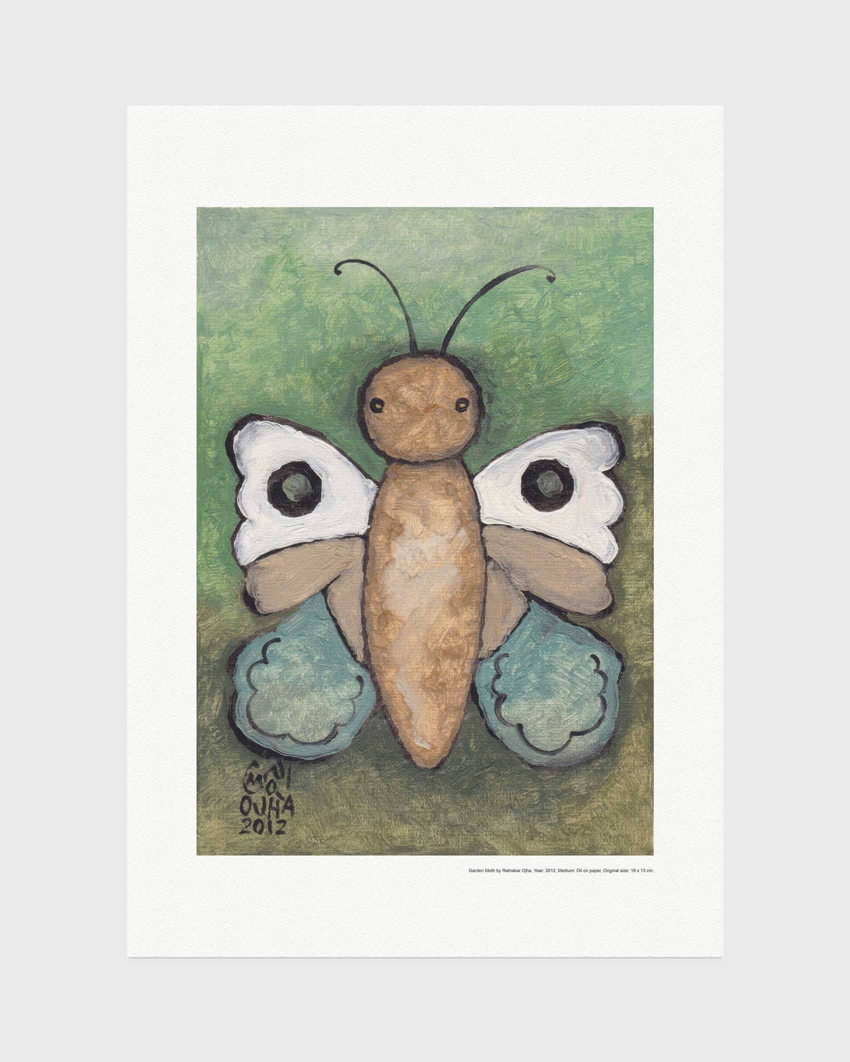 Garden Moth fine art print by Ratnakar Ojha featuring a whimsical painted butterfly centered on a white mat. The butterfly has a tan body, white wings with black eye-like spots, and blue-green lower wings against a textured green background.