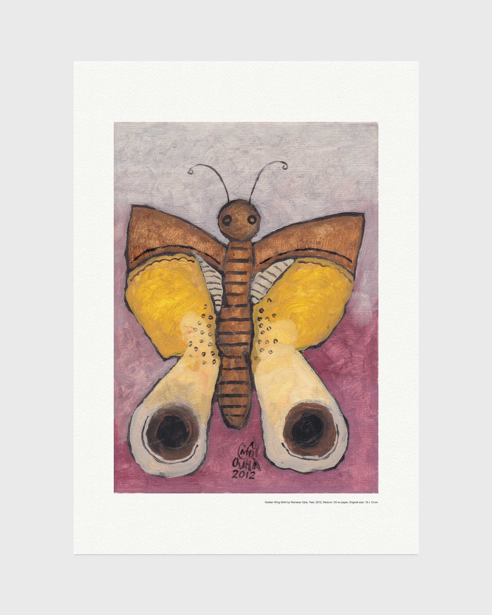 Golden Wing Moth fine art print by Ratnakar Ojha featuring a stylized butterfly with yellow and brown wings, mounted on a white sheet against a light gray background. The artwork has a textured mauve and lavender background.
