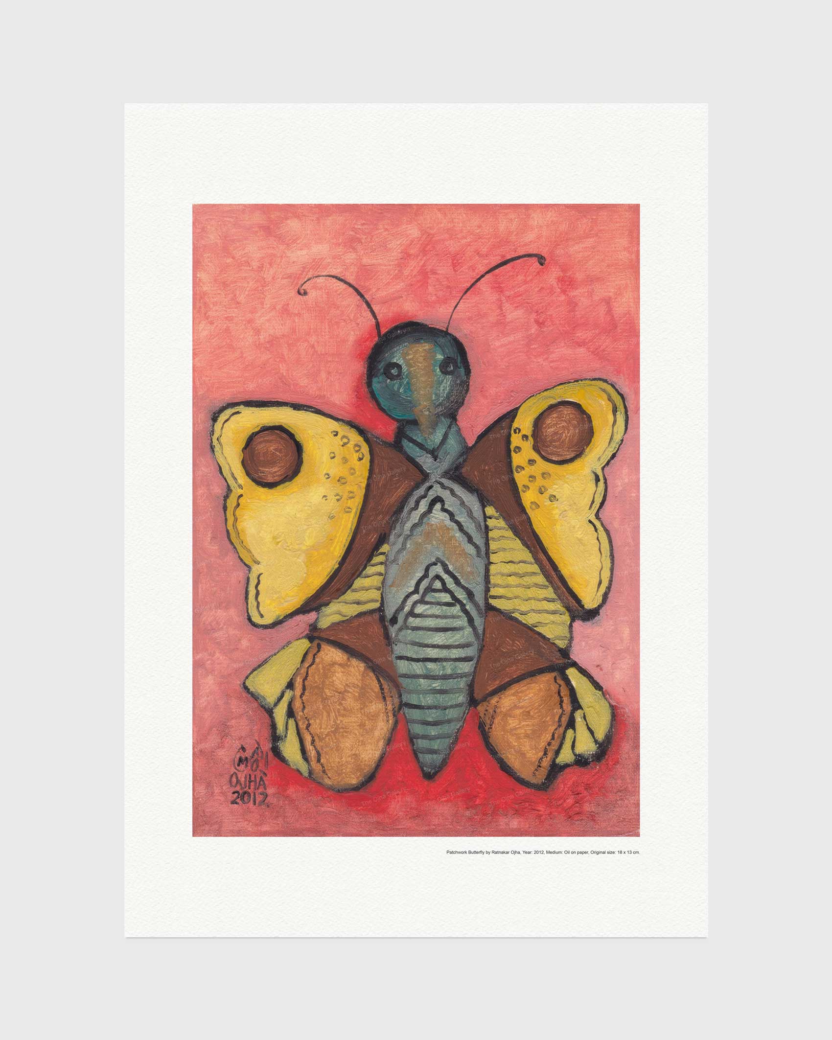 Patchwork Butterfly fine art print by Ratnakar Ojha featuring a stylized butterfly illustration on a textured pink background, centered on a white mat and light gray wall. The butterfly has yellow wings, brown sections, and a blue-gray body with black antennae.