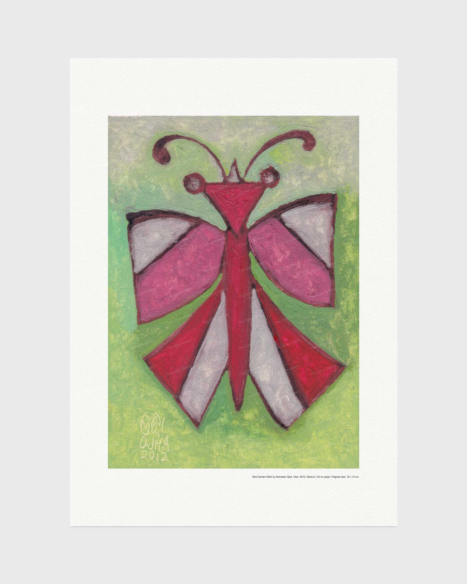 Red Garden Moth fine art print by Ratnakar Ojha featuring a stylized butterfly with pink, red, and white wings on a textured light green background, presented with a wide white border.