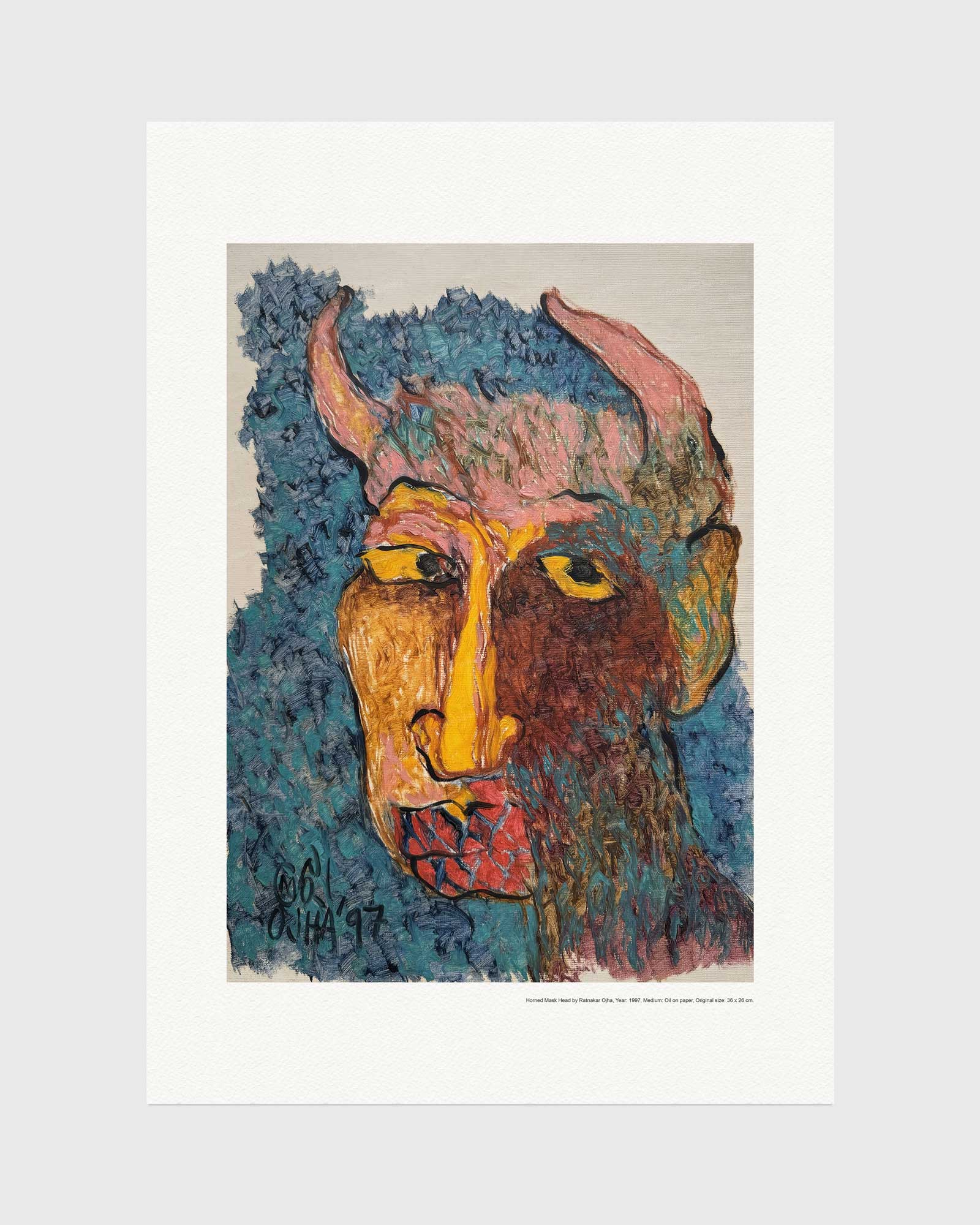Horned Mask Head fine art print by Ratnakar Ojha featuring an abstract, textured painting of a horned face in blue, pink, brown, yellow, and red tones, presented with a wide white border on a light gray background.