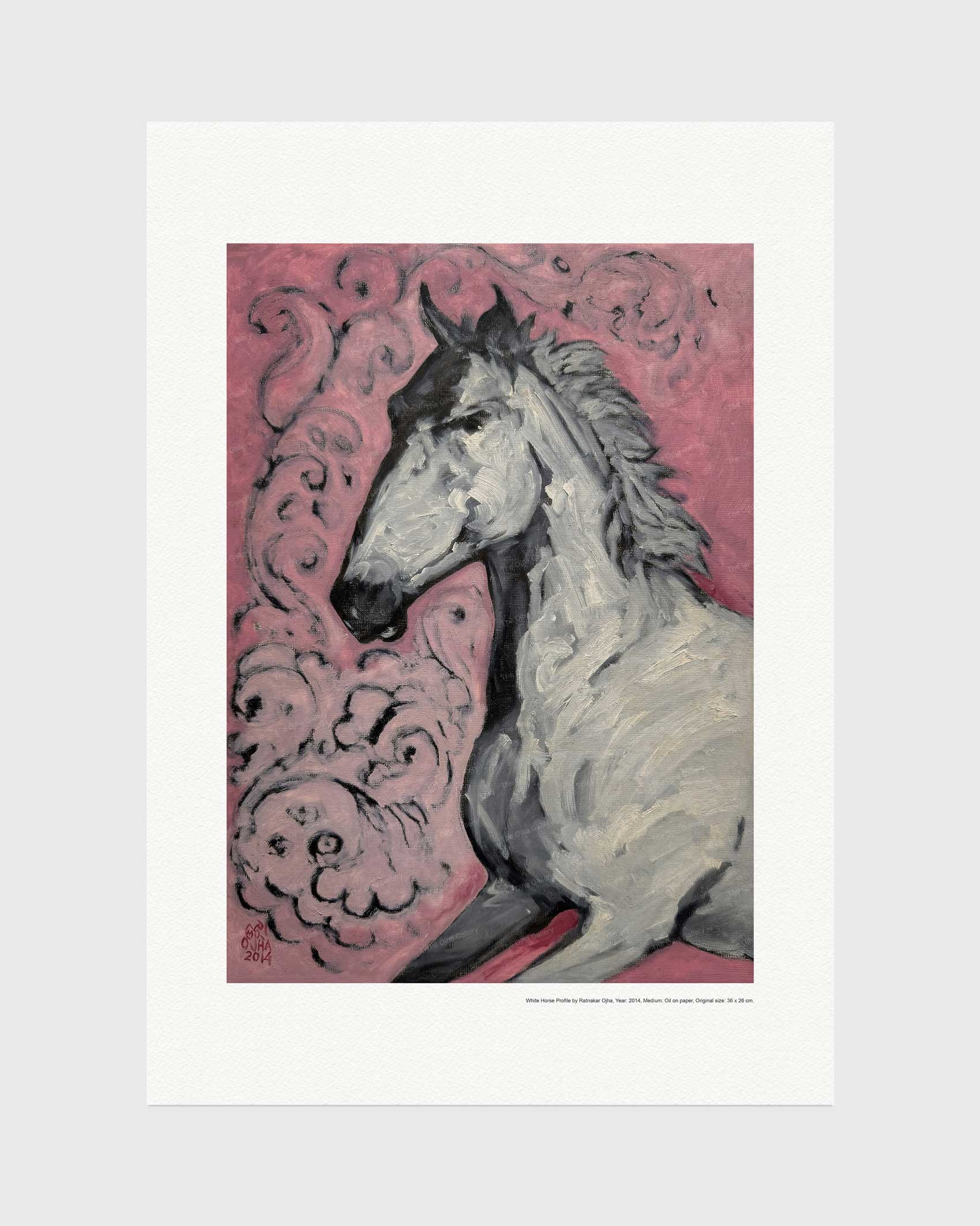 White Horse Profile fine art print by Ratnakar Ojha featuring a stylized portrait of a gray horse against a pink background with swirling decorative details.