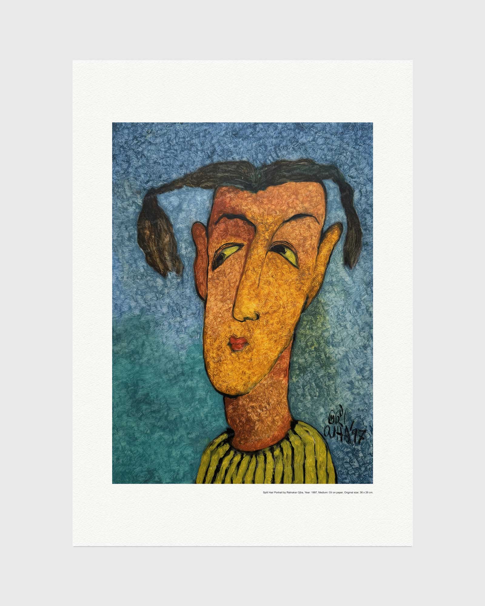 Shadowed Face Study fine art print by Ratnakar Ojha featuring a stylized portrait of a woman with braided hair, rendered in textured blue, orange, yellow, and brown tones, centered on a white mat against a light gray background.