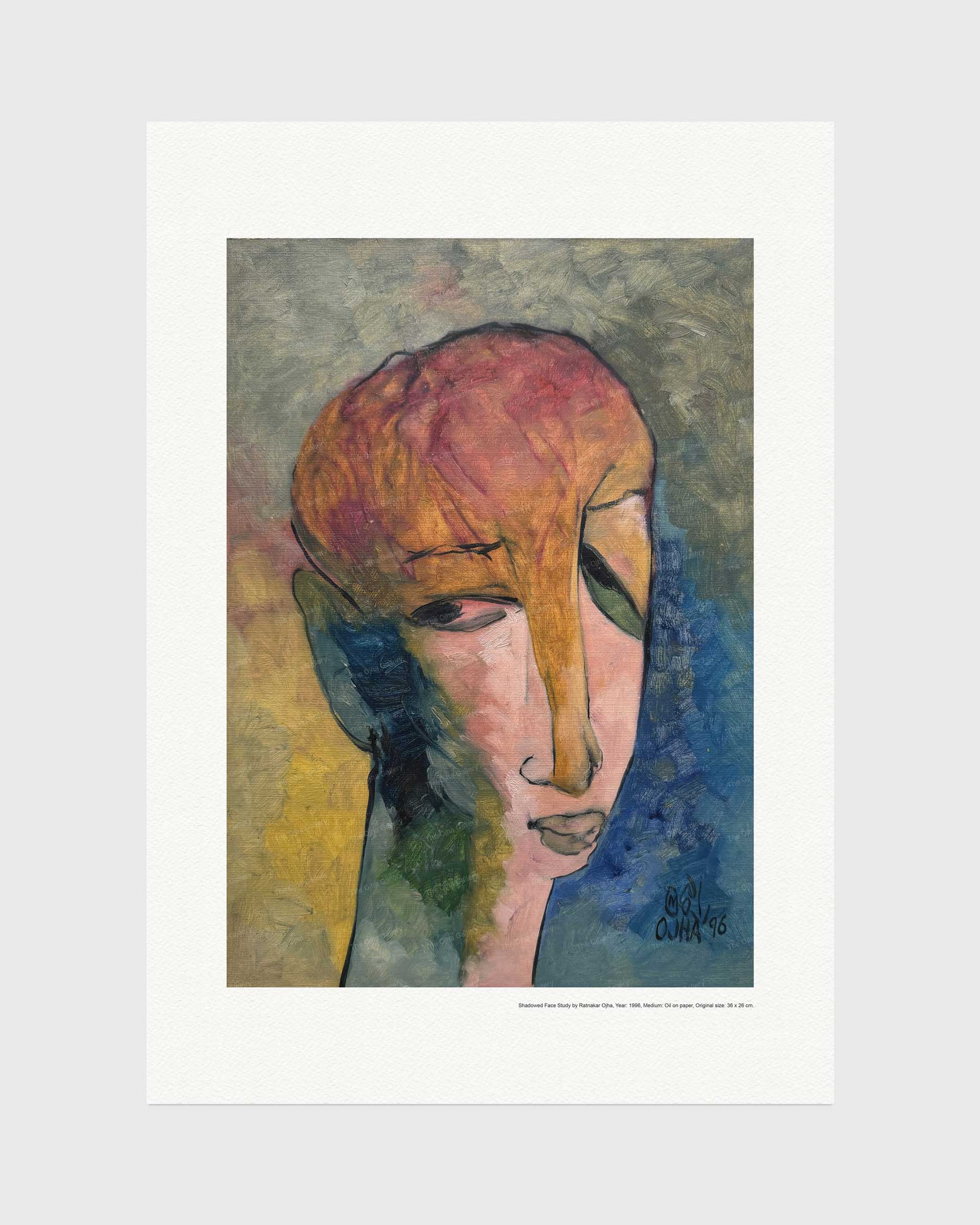 Shadowed Face Study fine art print by Ratnakar Ojha featuring an abstract portrait of a face with a reddish-pink head and blue shadows, surrounded by a wide white border on a light gray background.