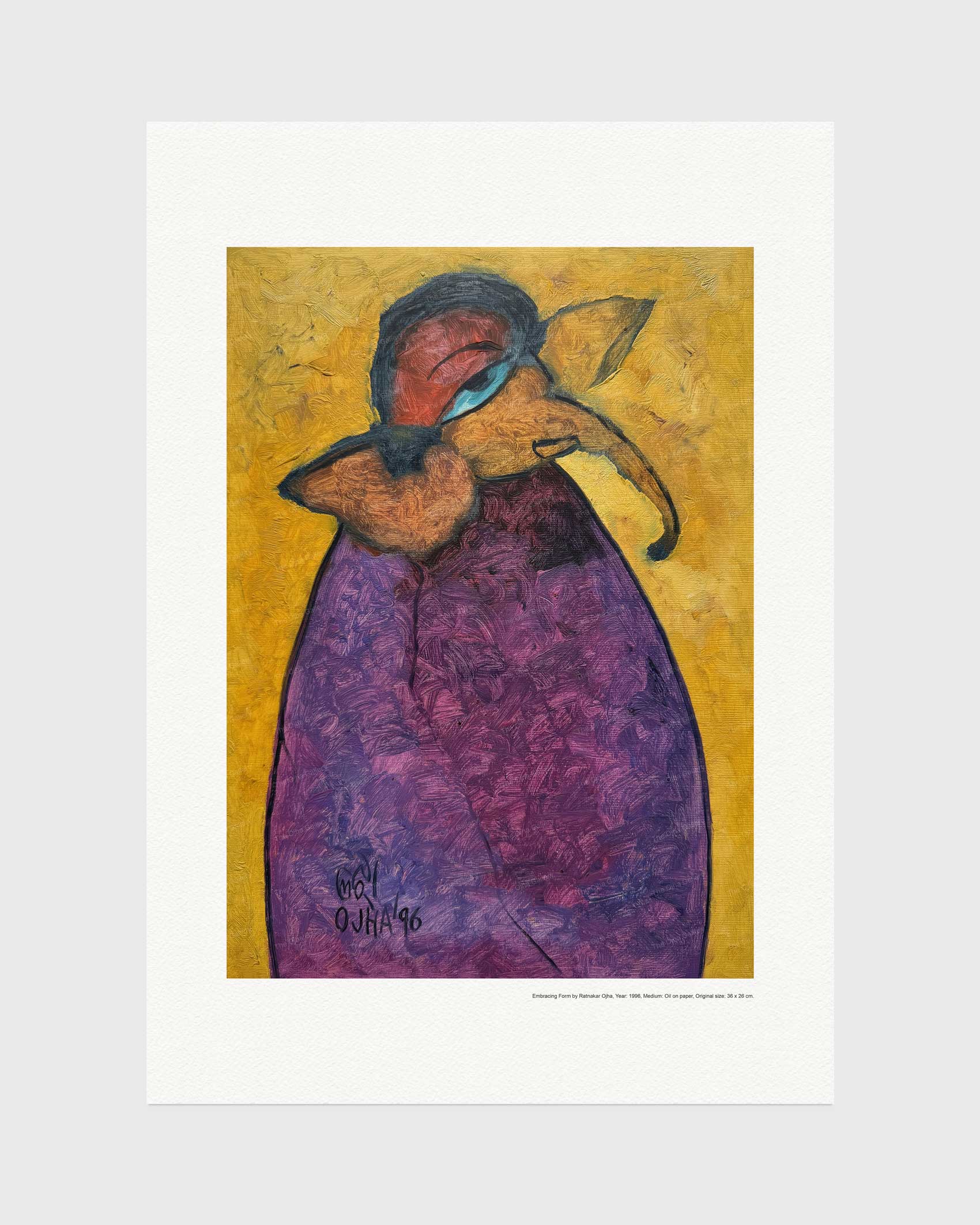 Embracing Form fine art print by Ratnakar Ojha featuring an abstract painting of a figure in a purple dress against a textured gold background, presented with a wide white border on a light gray backdrop.
